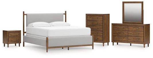 Lyncott California King Upholstered Bed with Mirrored Dresser, Chest and Nightstand