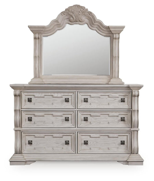 Andonhall California King Upholstered Panel Bed with Mirrored Dresser