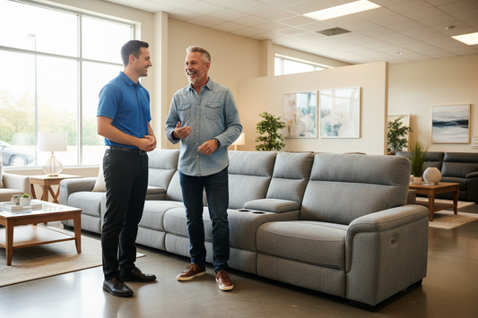 A customer smiling while speaking with a Lee Furniture sales associate next to a reclining sofa in the showroom