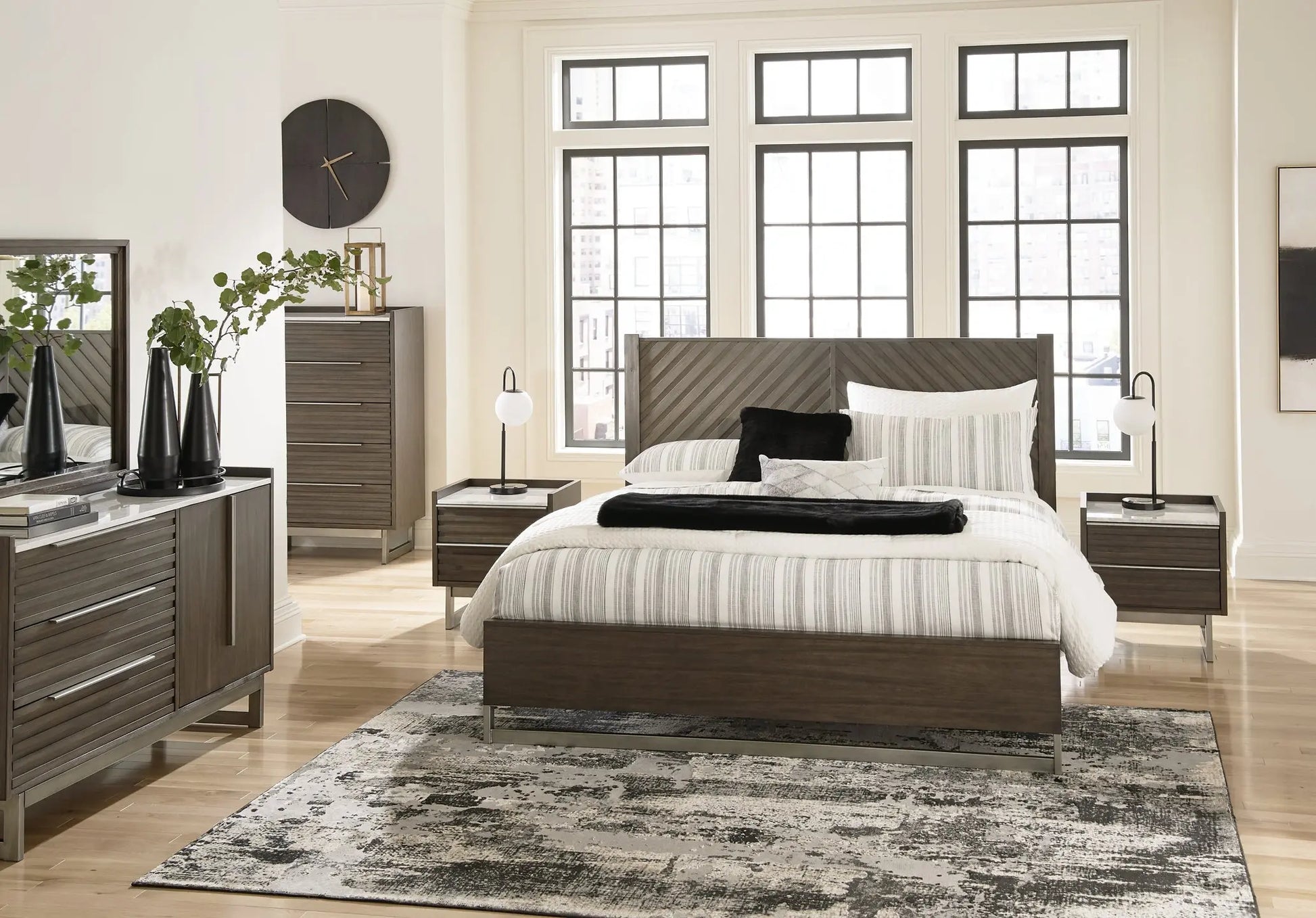 Arkenton California King Panel Bed with Mirrored Dresser, Chest and 2 Nightstands at Lee Furniture, NC