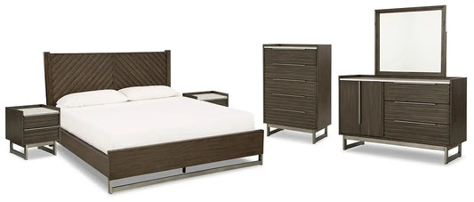 Arkenton California King Panel Bed with Mirrored Dresser, Chest and 2 Nightstands at Lee Furniture, NC