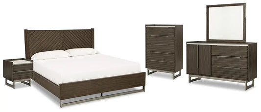 Arkenton California King Panel Bed with Mirrored Dresser, Chest and Nightstand at Lee Furniture, NC