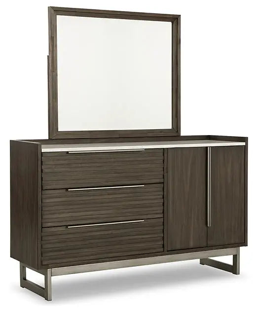 Arkenton California King Panel Bed with Mirrored Dresser, Chest and Nightstand at Lee Furniture, NC