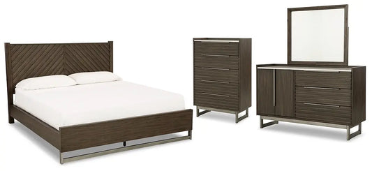 Arkenton California King Panel Bed with Mirrored Dresser and Chest at Lee Furniture, NC