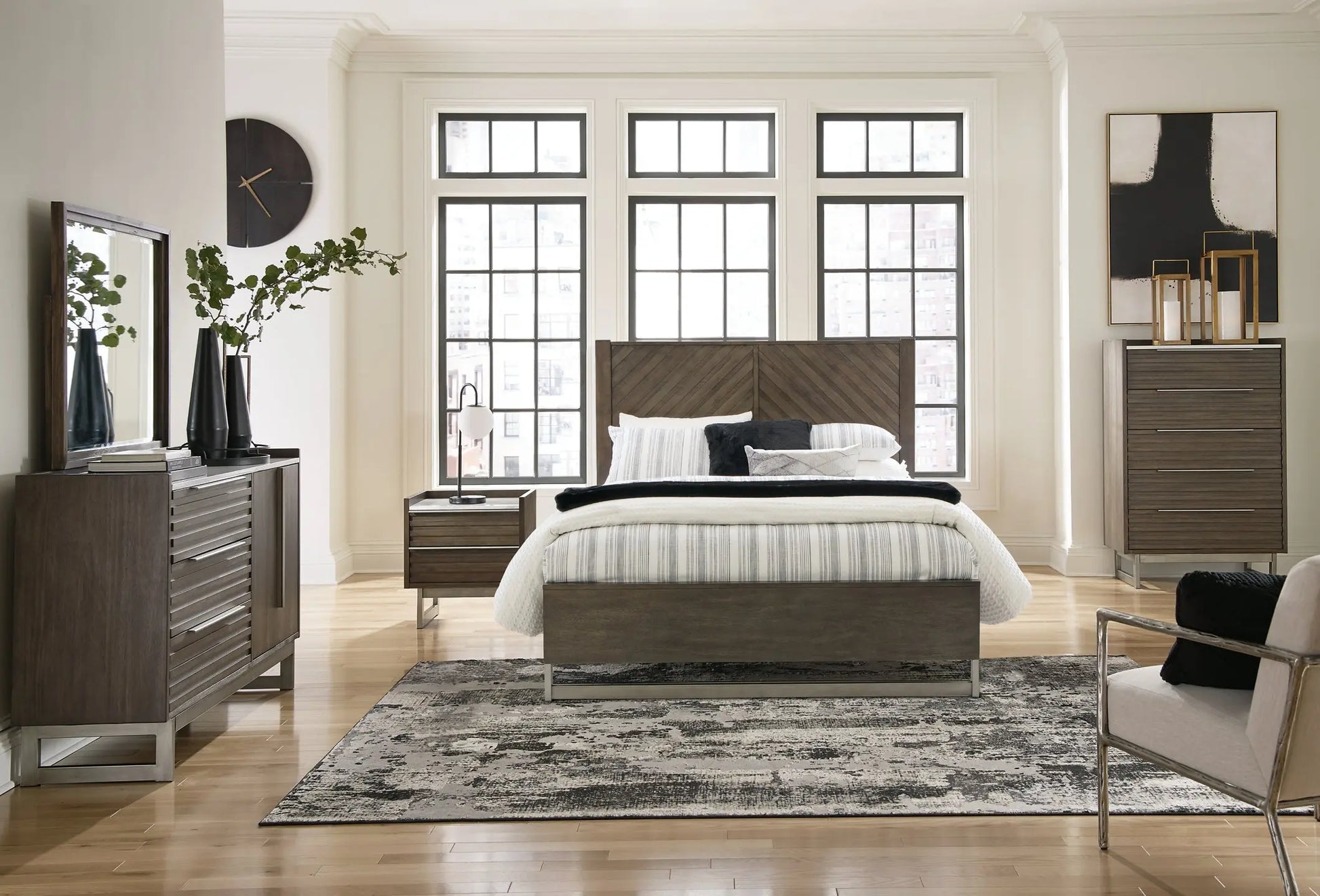Arkenton Queen Panel Bed with Mirrored Dresser, Chest and Nightstand at Lee Furniture, NC