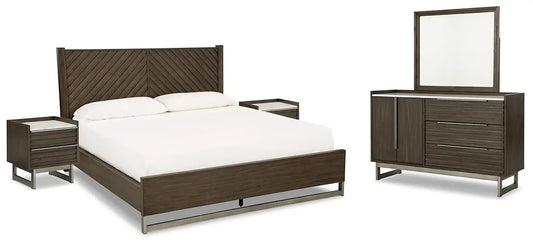 Arkenton Queen Panel Bed with Mirrored Dresser and 2 Nightstands at Lee Furniture, NC
