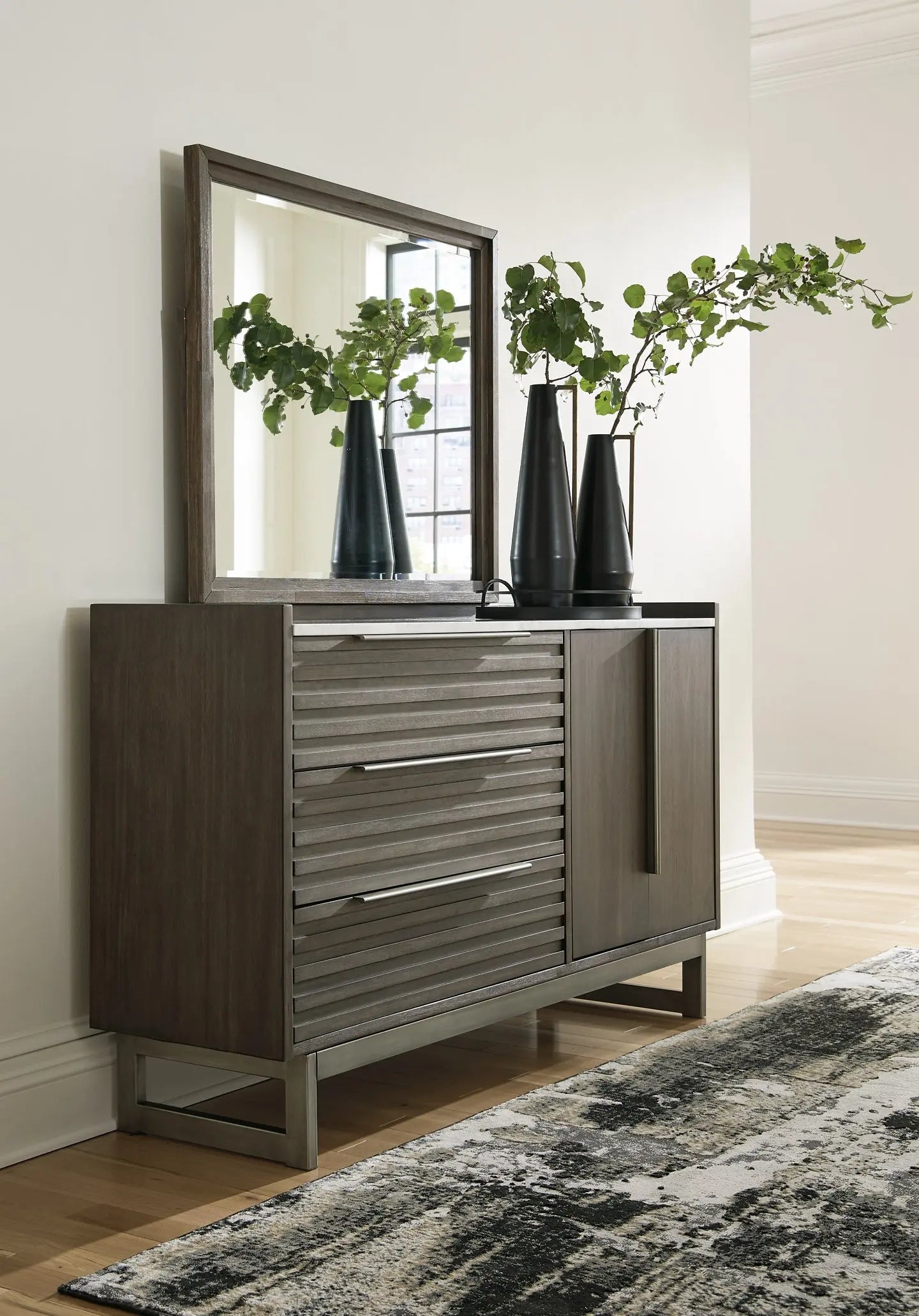 Arkenton Queen Panel Bed with Mirrored Dresser and Chest at Lee Furniture, NC