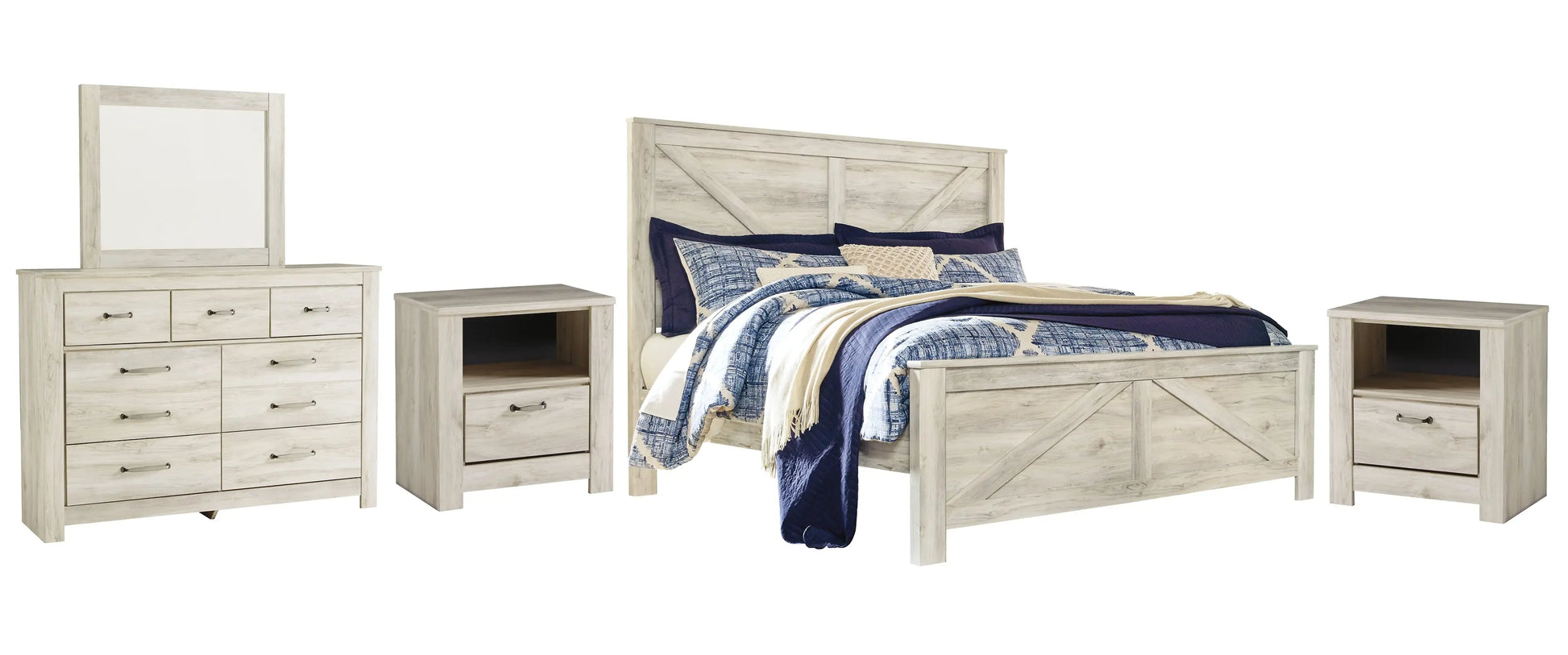 Bellaby Crossbuck Panel Bed With Mirrored Dresser And 2 Nightstands at Lee Furniture, NC