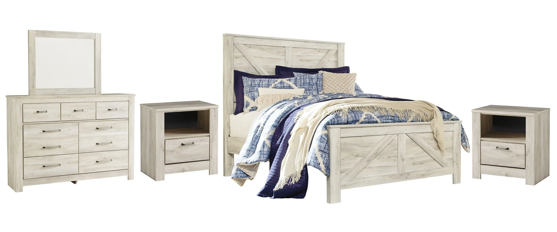 Bellaby Crossbuck Panel Bed With Mirrored Dresser And 2 Nightstands at Lee Furniture, NC