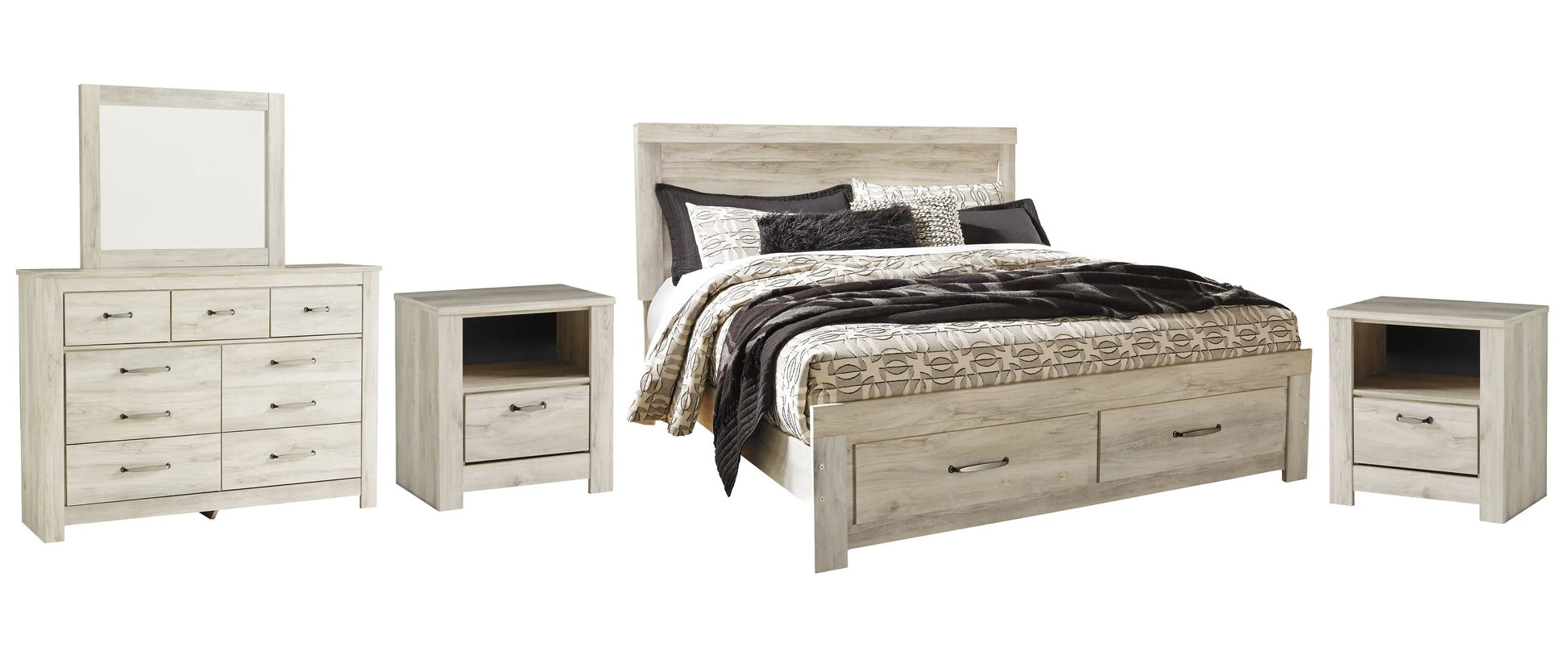 Bellaby Platform Bed With 2 Storage Drawers With Mirrored Dresser And 2 Nightstands at Lee Furniture, NC