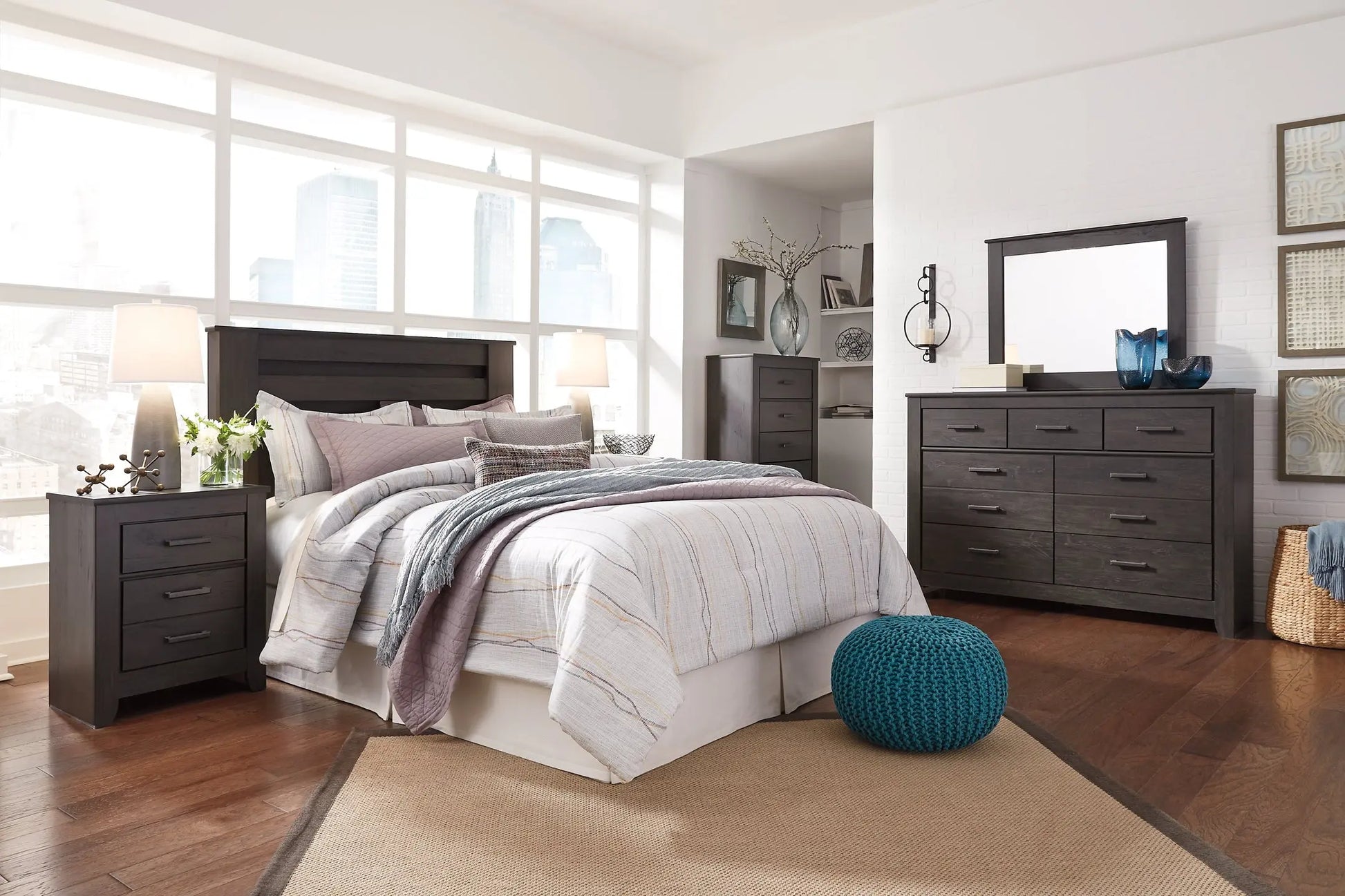 Brinxton King/California King Panel Headboard with Mirrored Dresser, Chest and Nightstand at Lee Furniture, NC