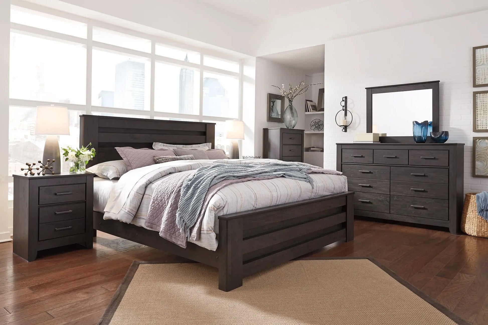 Brinxton King Panel Bed with Mirrored Dresser, Chest and Nightstand at Lee Furniture, NC