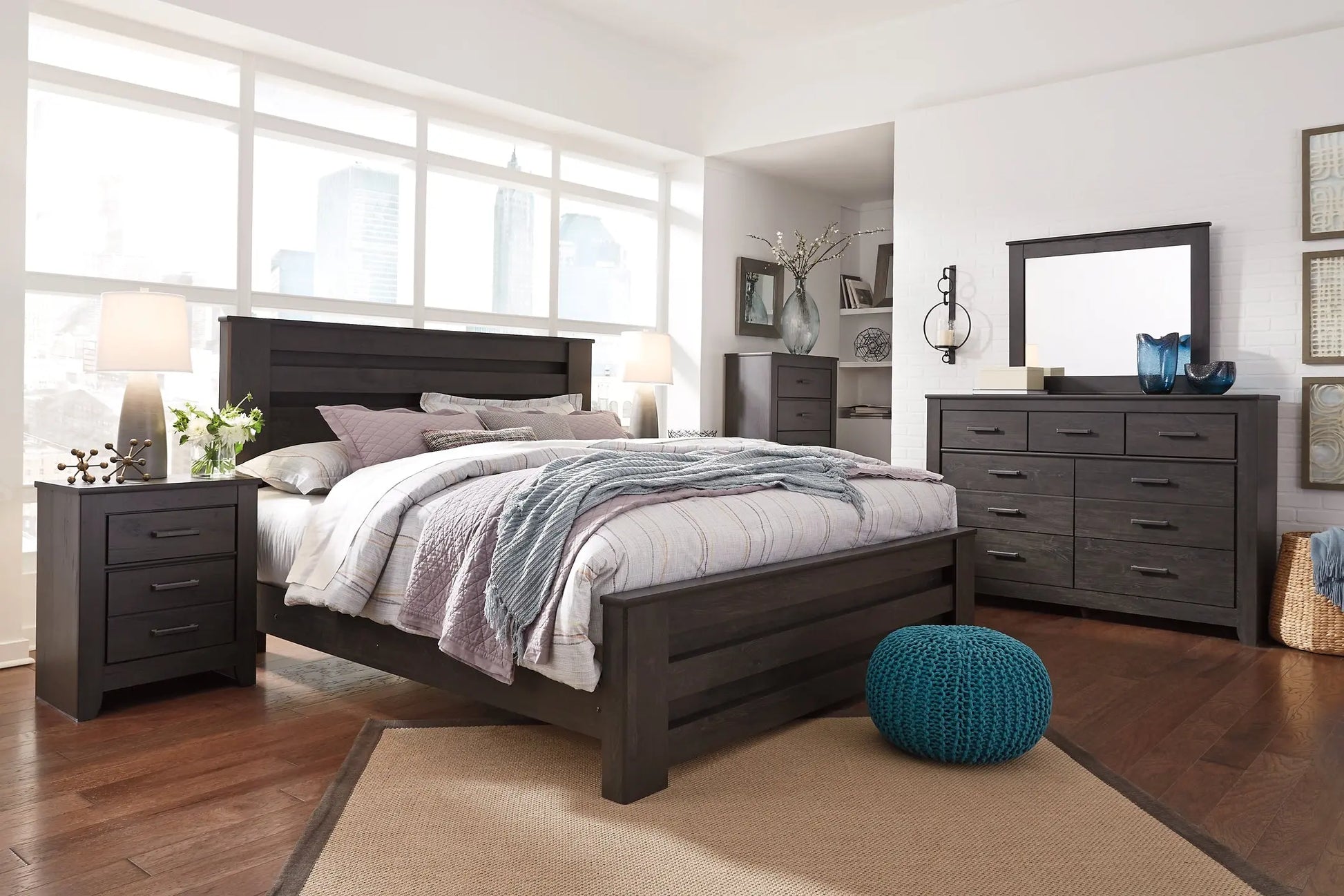 Brinxton King Panel Bed with Mirrored Dresser and Chest at Lee Furniture, NC