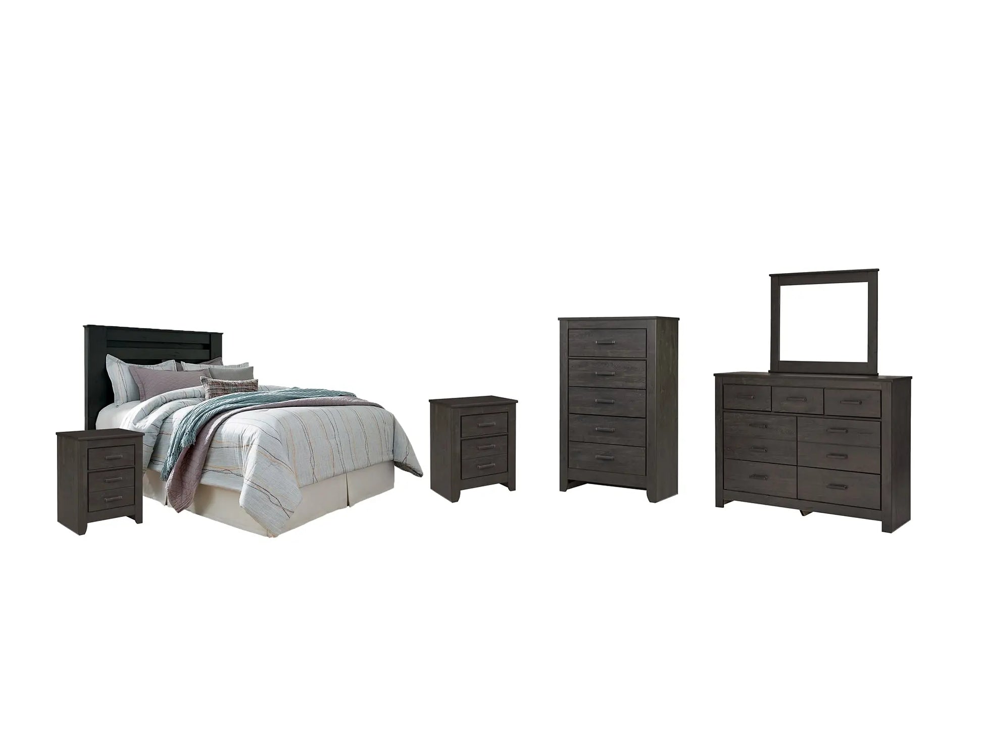 Brinxton Queen/Full Panel Headboard with Mirrored Dresser, Chest and 2 Nightstands at Lee Furniture, NC