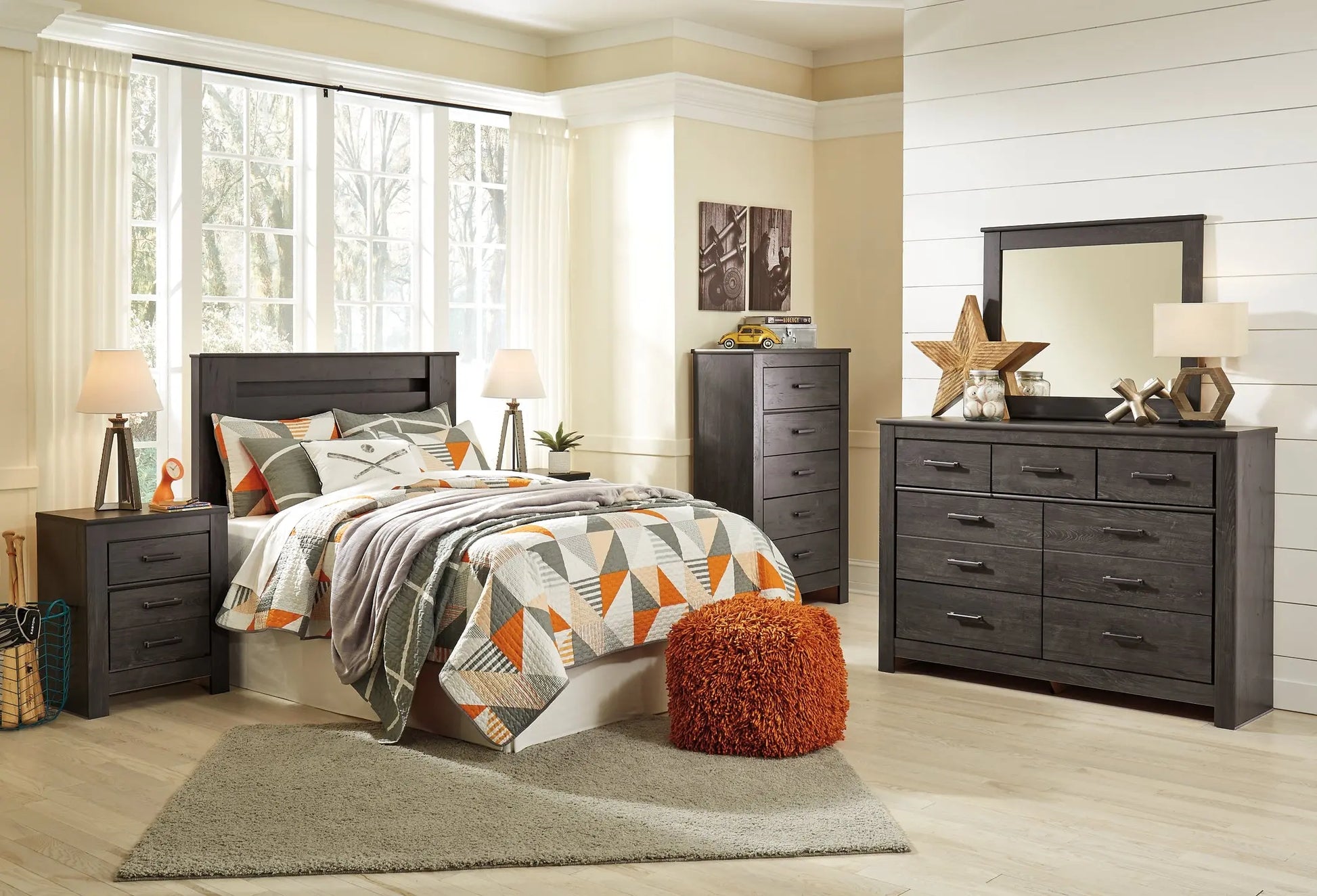 Brinxton Queen/Full Panel Headboard with Mirrored Dresser, Chest and 2 Nightstands at Lee Furniture, NC