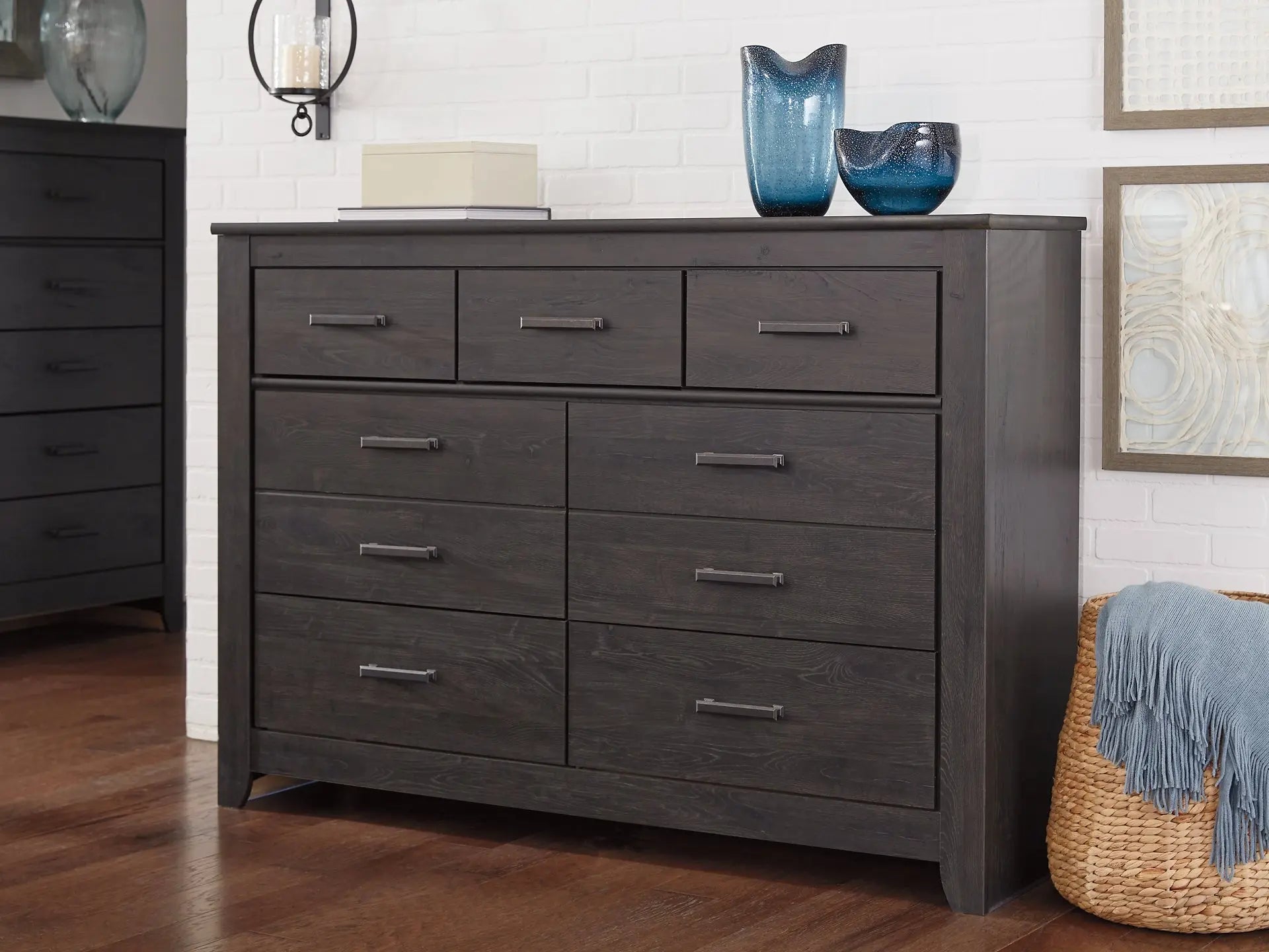 Brinxton Queen/Full Panel Headboard with Mirrored Dresser and 2 Nightstands at Lee Furniture, NC