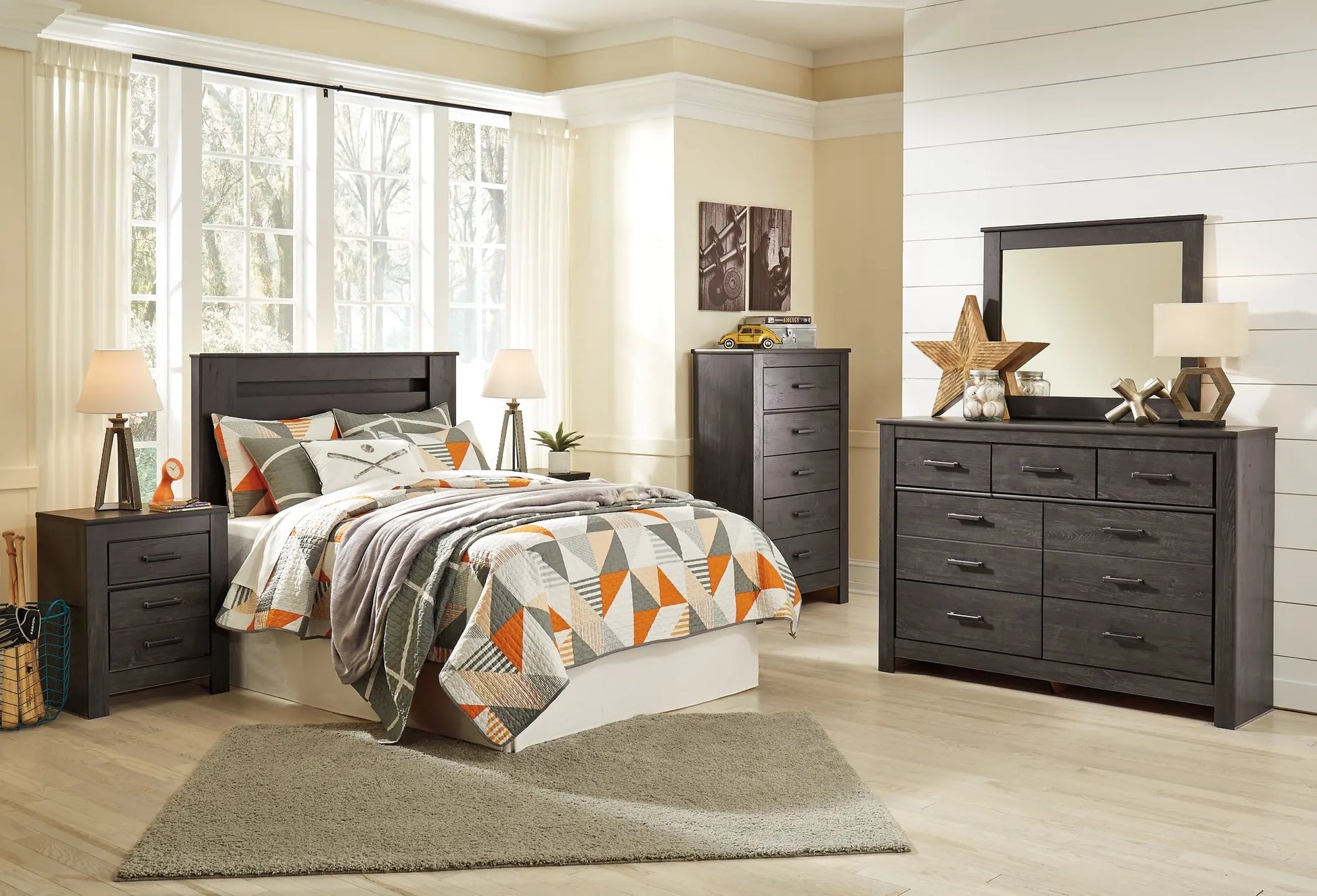 Brinxton Queen/Full Panel Headboard with Mirrored Dresser and 2 Nightstands at Lee Furniture, NC
