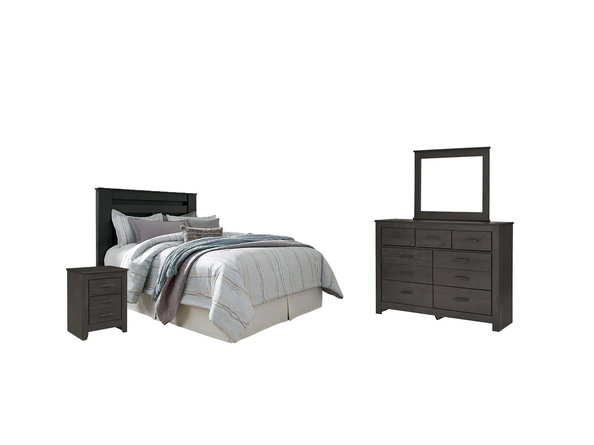 Brinxton Queen/Full Panel Headboard with Mirrored Dresser and 2 Nightstands at Lee Furniture, NC