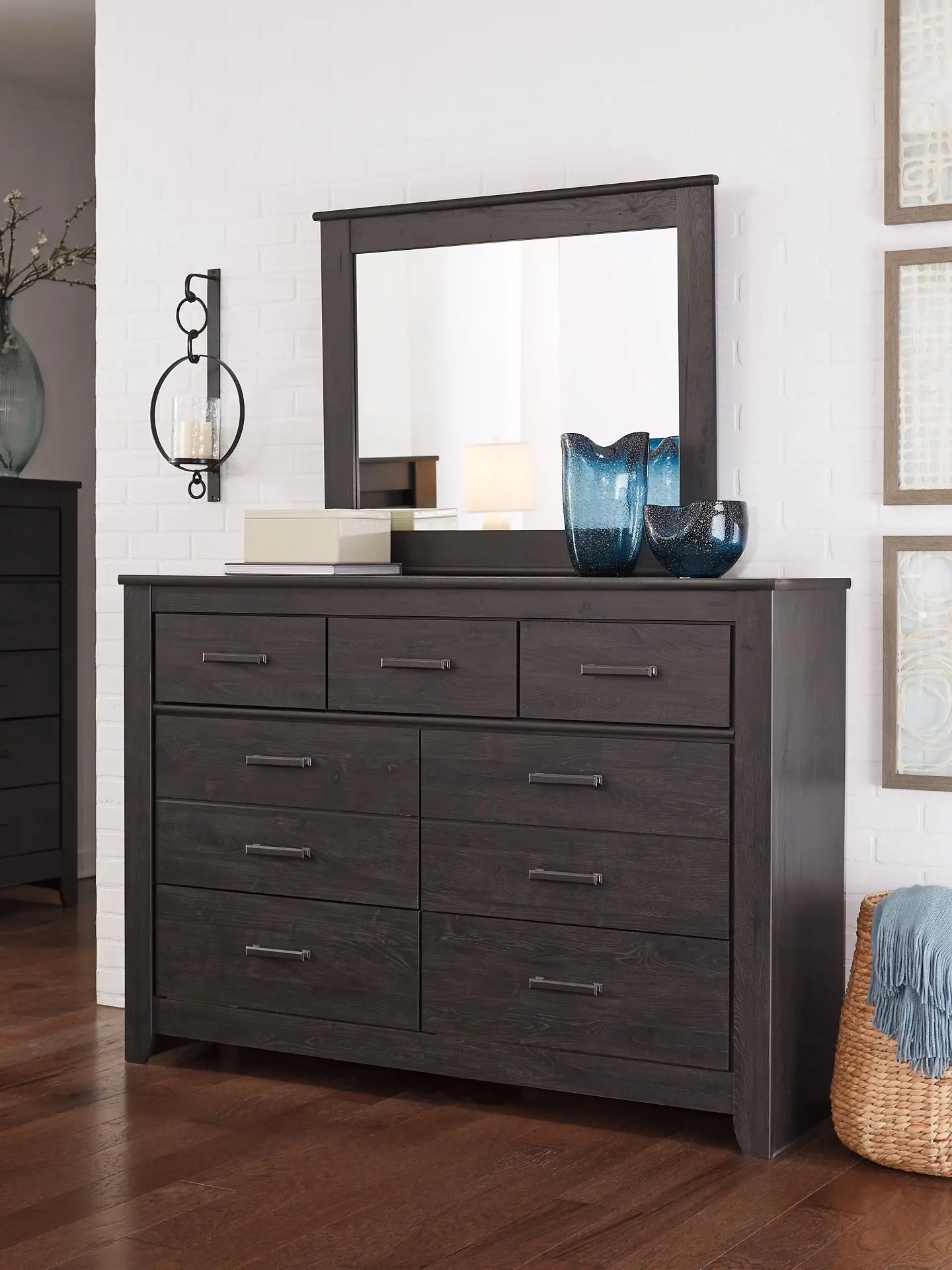 Brinxton Queen Panel Bed with Mirrored Dresser, Chest and 2 Nightstands at Lee Furniture, NC