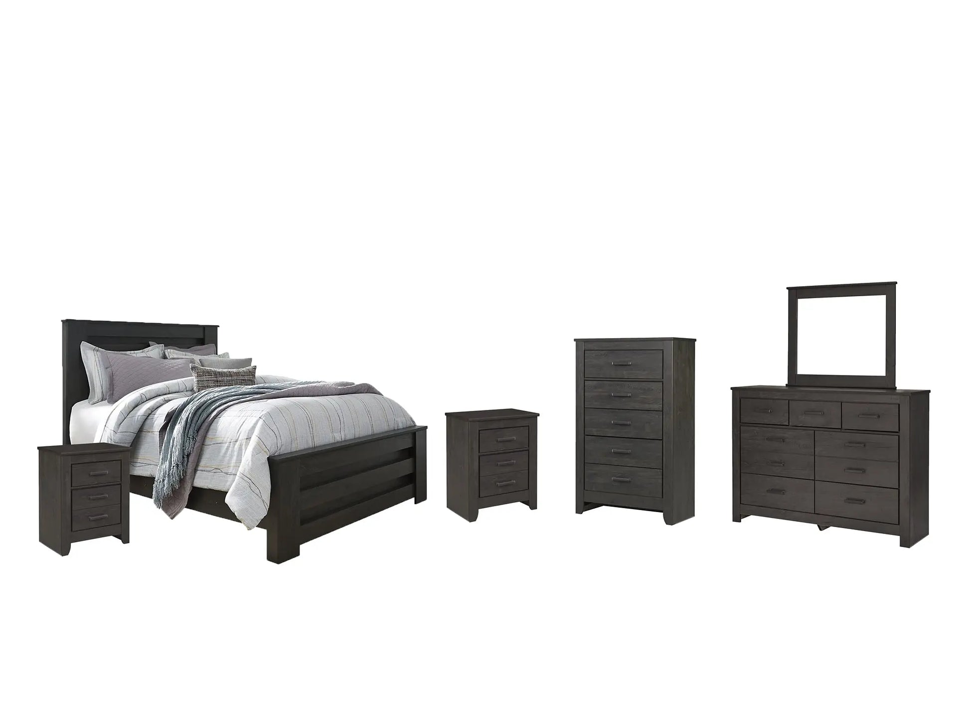 Brinxton Queen Panel Bed with Mirrored Dresser, Chest and 2 Nightstands at Lee Furniture, NC