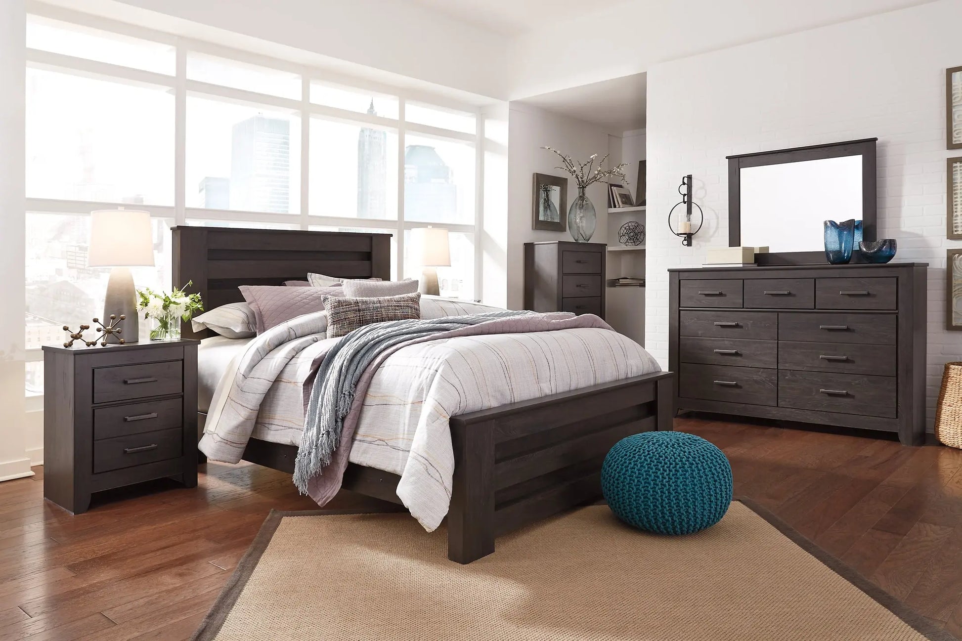 Brinxton Queen Panel Bed with Mirrored Dresser, Chest and 2 Nightstands at Lee Furniture, NC