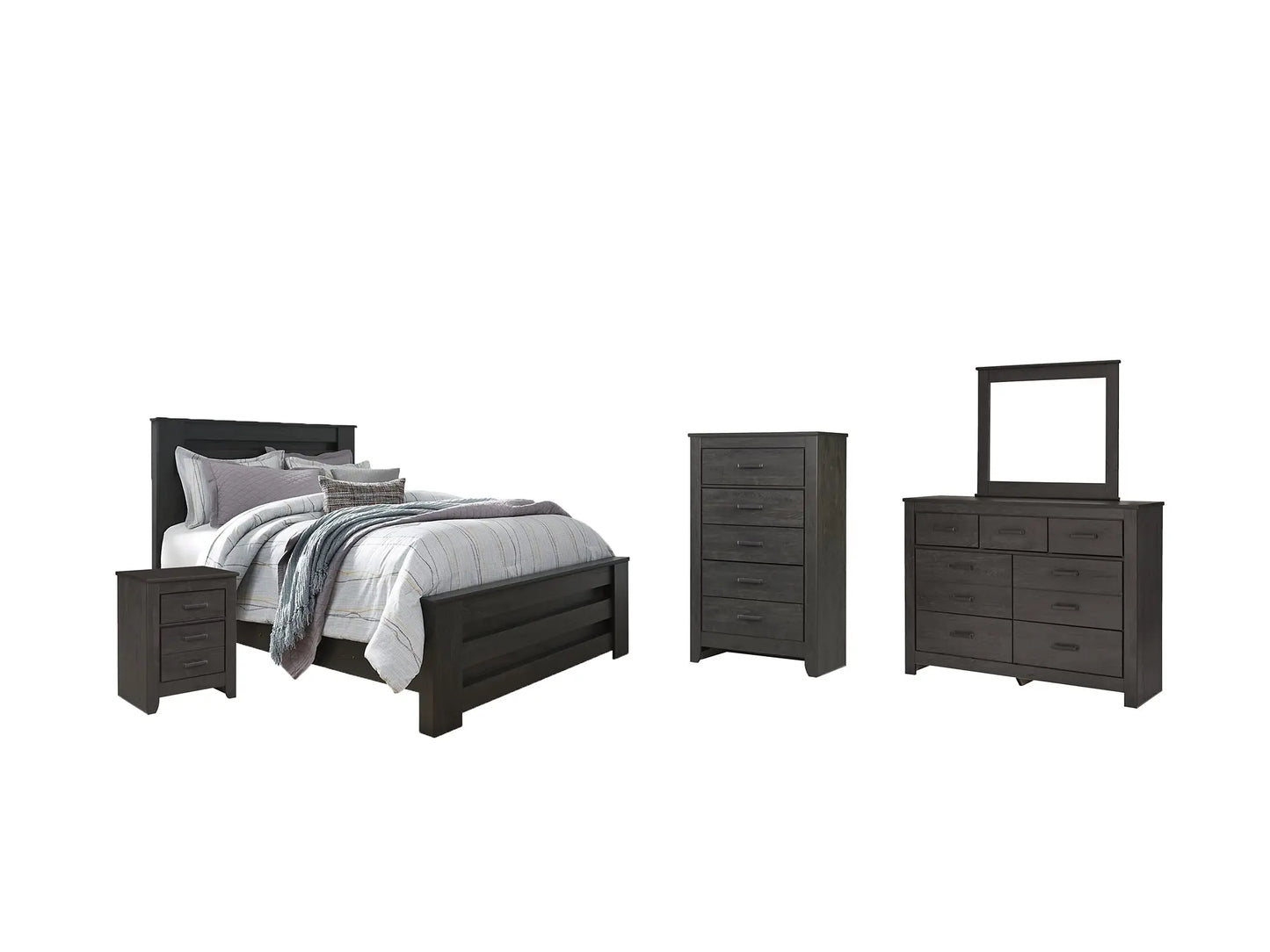 Brinxton Queen Panel Bed with Mirrored Dresser, Chest and Nightstand at Lee Furniture, NC