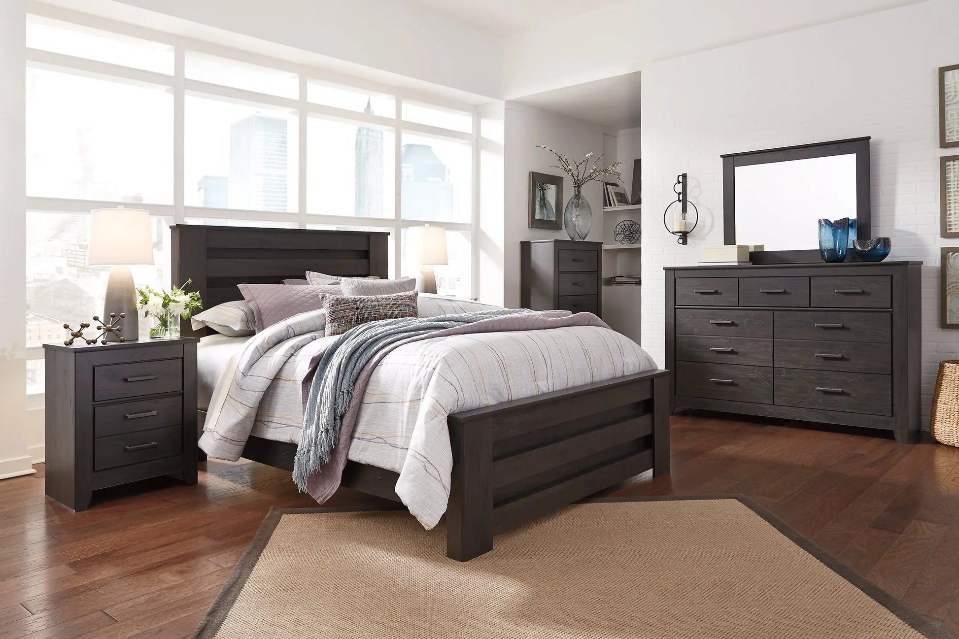 Brinxton Queen Panel Bed with Mirrored Dresser and Chest at Lee Furniture, NC