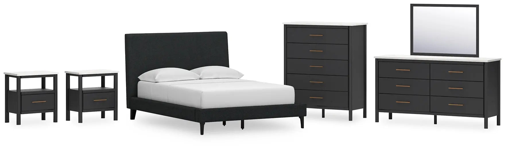Cadmori Full Upholstered Bed with Mirrored Dresser, Chest and 2 Nightstands at Lee Furniture, NC