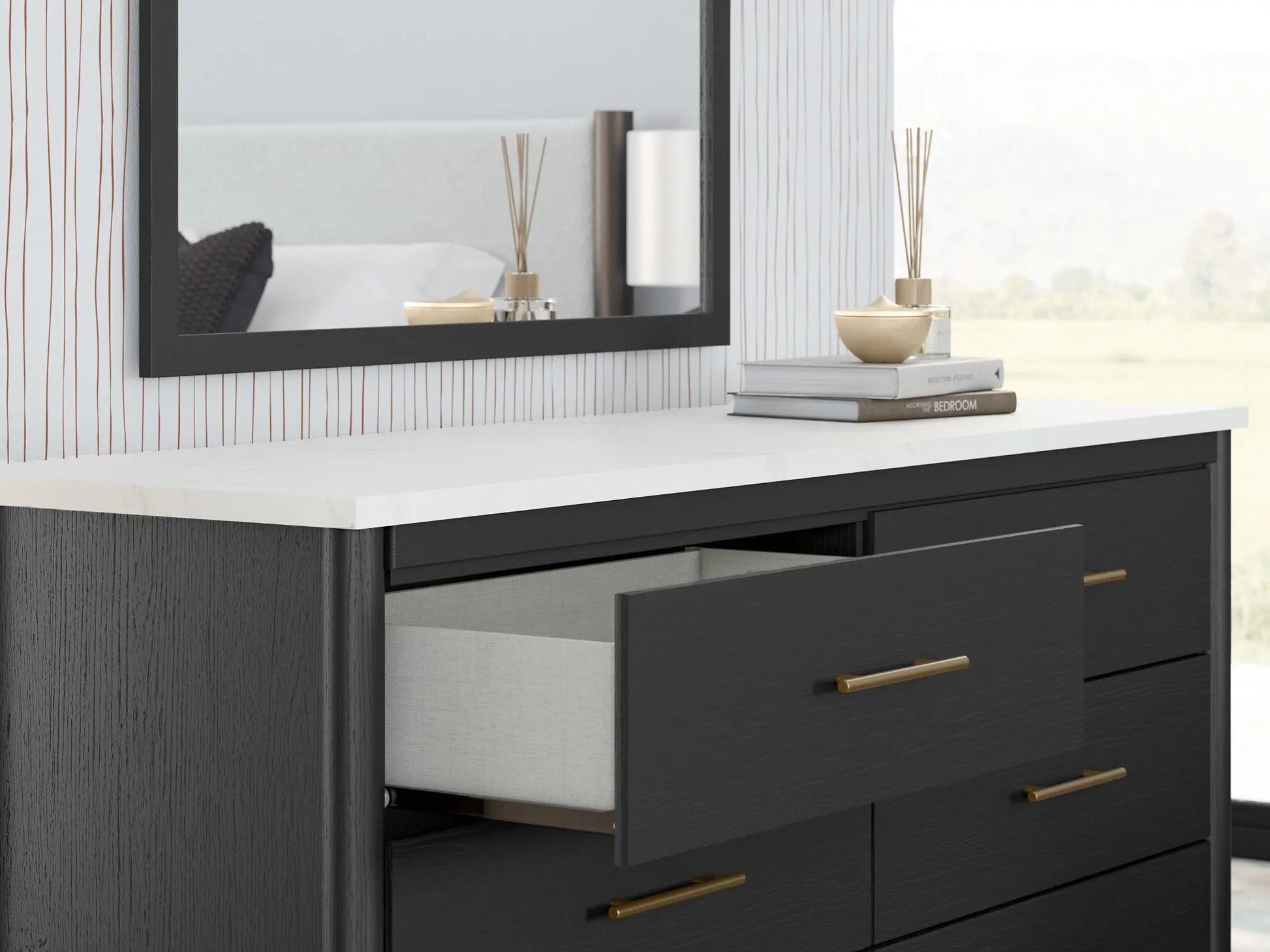 Cadmori Full Upholstered Bed with Mirrored Dresser, Chest and 2 Nightstands at Lee Furniture, NC