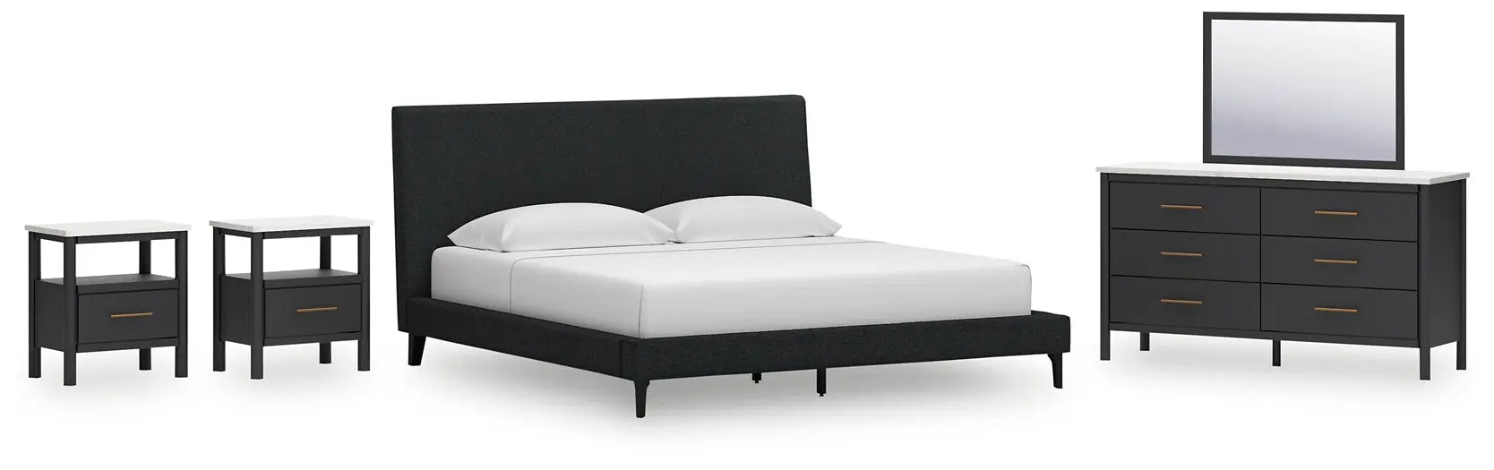 Cadmori King Upholstered Bed with Mirrored Dresser and 2 Nightstands at Lee Furniture, NC