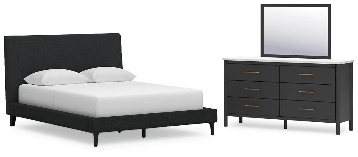 Cadmori Queen Upholstered Bed with Mirrored Dresser at Lee Furniture, NC