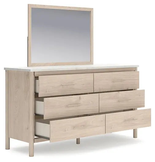 Cadmori Queen Upholstered Panel Bed with Mirrored Dresser, Chest and 2 Nightstands at Lee Furniture, NC