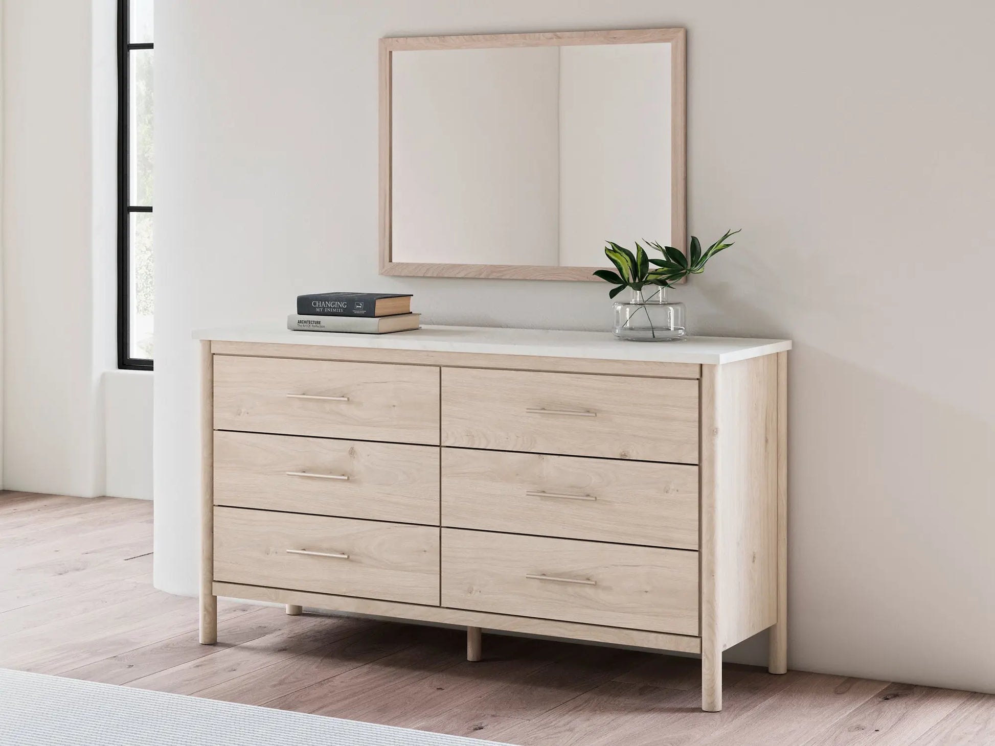 Cadmori Queen Upholstered Panel Bed with Mirrored Dresser, Chest and 2 Nightstands at Lee Furniture, NC