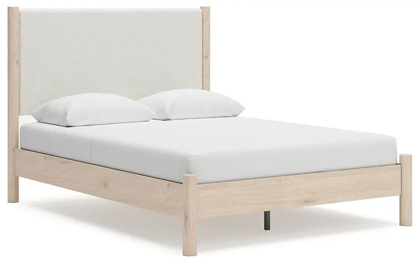 Cadmori Queen Upholstered Panel Bed with Mirrored Dresser, Chest and 2 Nightstands at Lee Furniture, NC