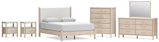 Cadmori Queen Upholstered Panel Bed with Mirrored Dresser, Chest and 2 Nightstands at Lee Furniture, NC
