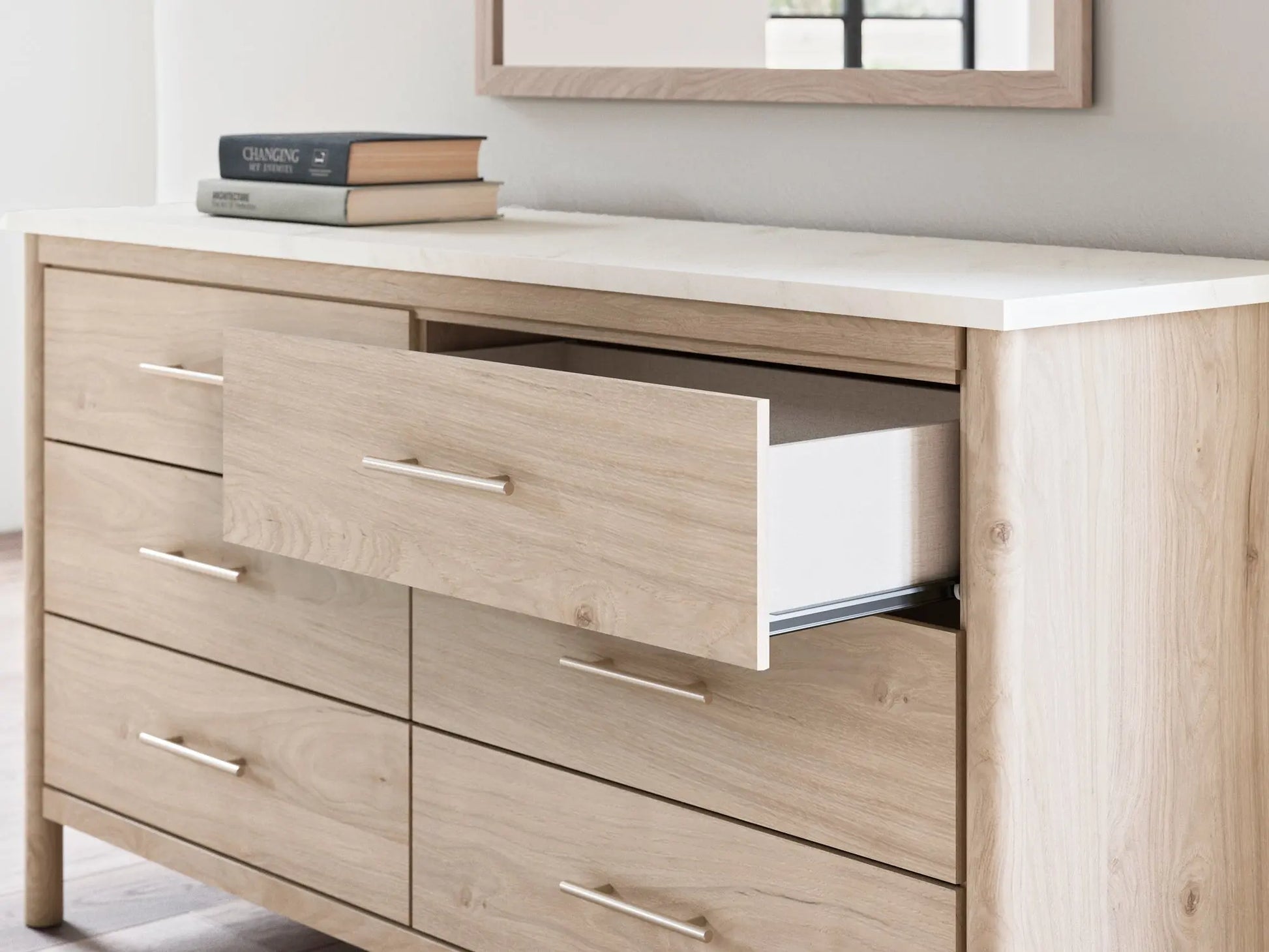 Cadmori Queen Upholstered Panel Bed with Mirrored Dresser, Chest and 2 Nightstands at Lee Furniture, NC