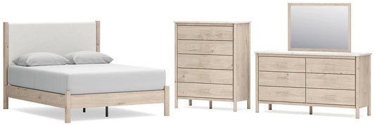 Cadmori Queen Upholstered Panel Bed with Mirrored Dresser and Chest at Lee Furniture, NC