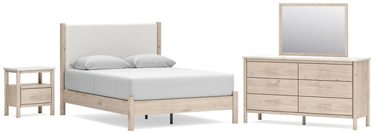 Cadmori Queen Upholstered Panel Bed with Mirrored Dresser and Nightstand at Lee Furniture, NC