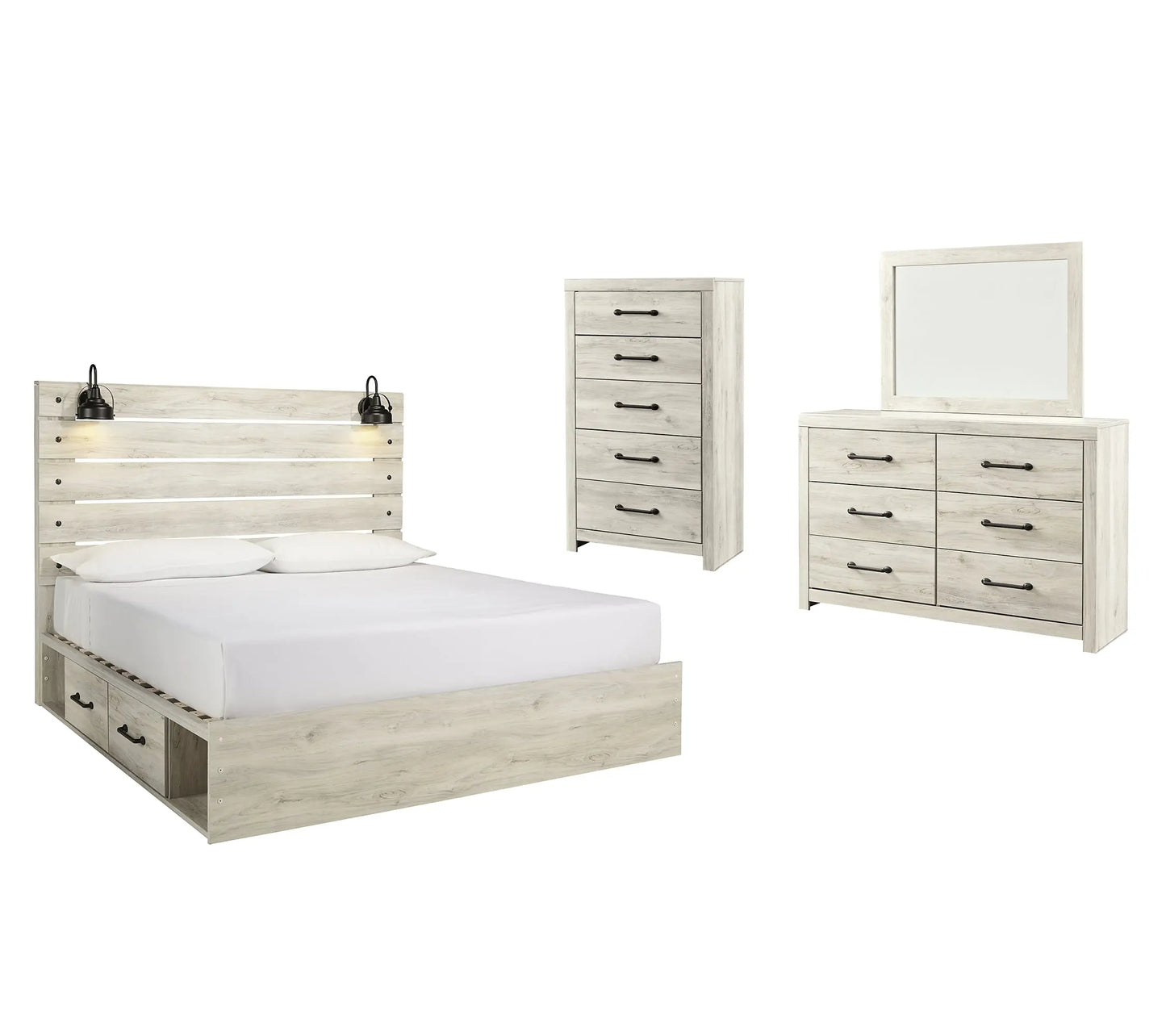 Cambeck King Panel Bed with 2 Storage Drawers with Mirrored Dresser, Chest and Nightstand at Lee Furniture, NC