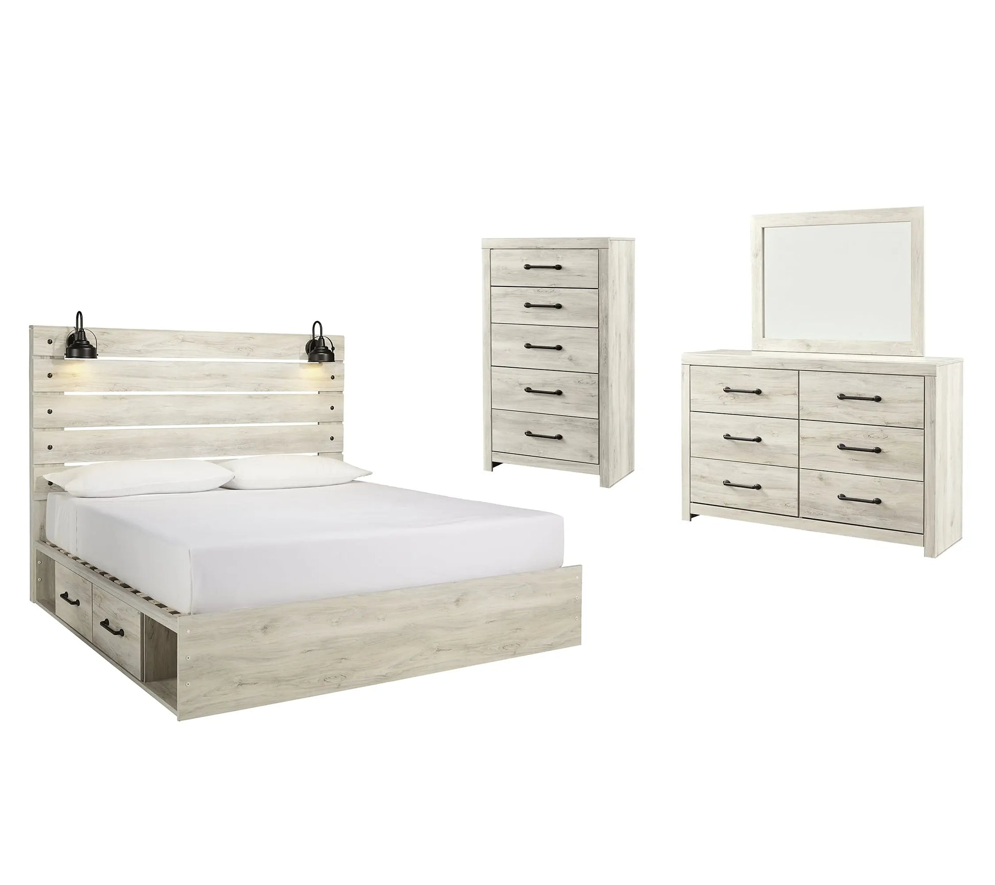 Cambeck King Panel Bed with 2 Storage Drawers with Mirrored Dresser, Chest and Nightstand at Lee Furniture, NC