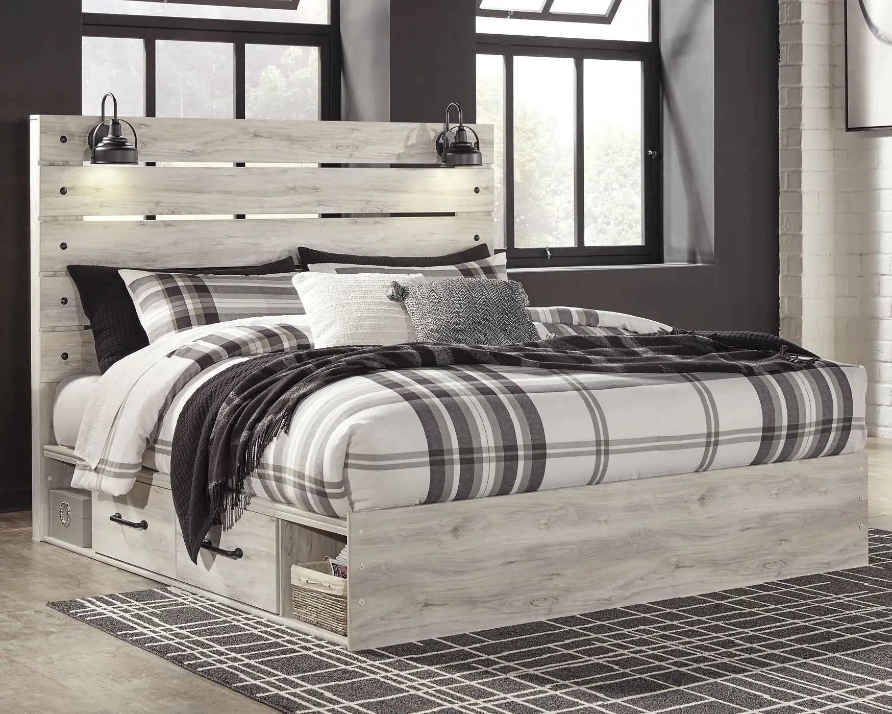 Cambeck King Panel Bed with 2 Storage Drawers with Mirrored Dresser, Chest and Nightstand at Lee Furniture, NC