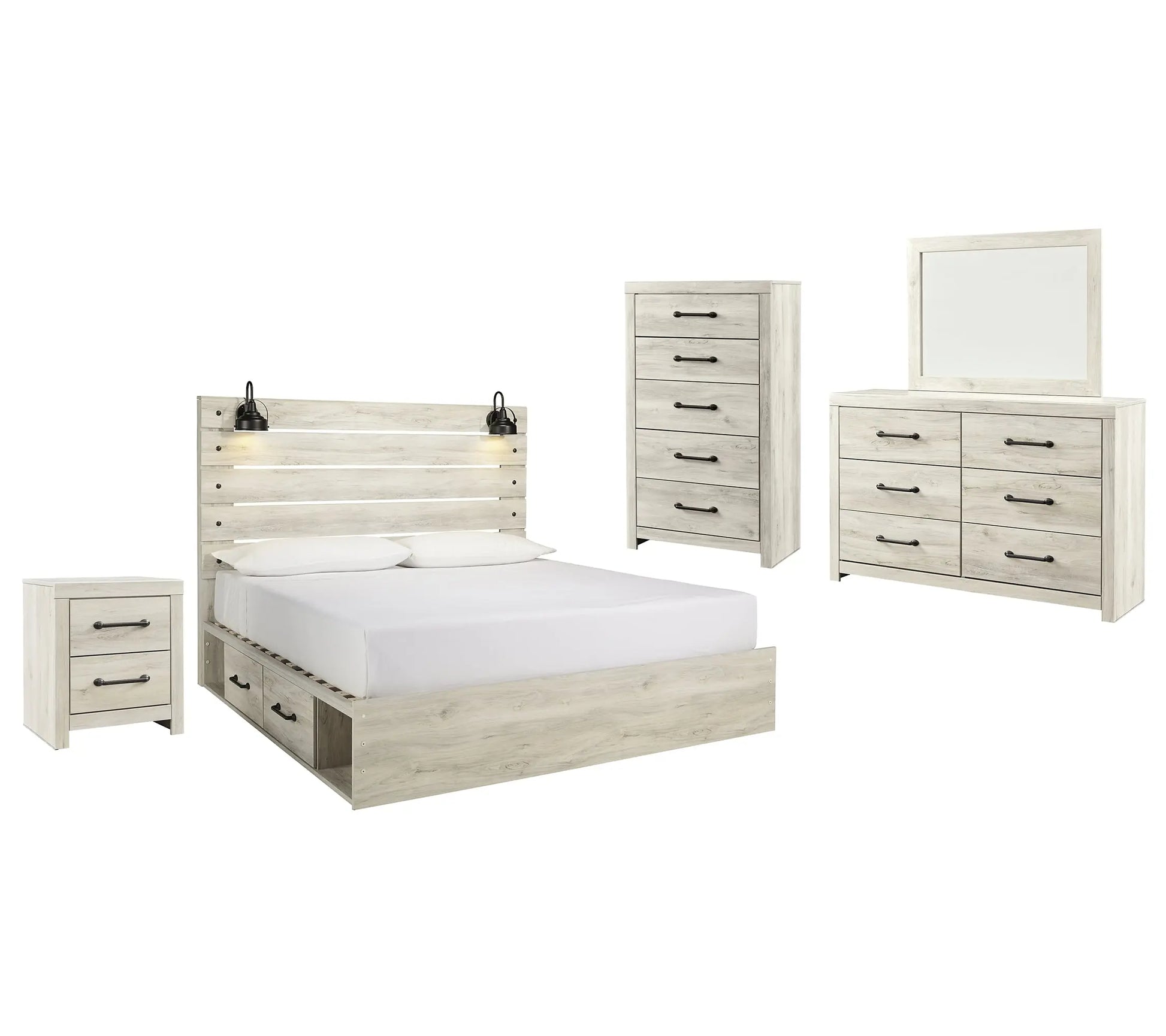 Cambeck King Panel Bed with 4 Storage Drawers with Mirrored Dresser, Chest and Nightstand at Lee Furniture, NC