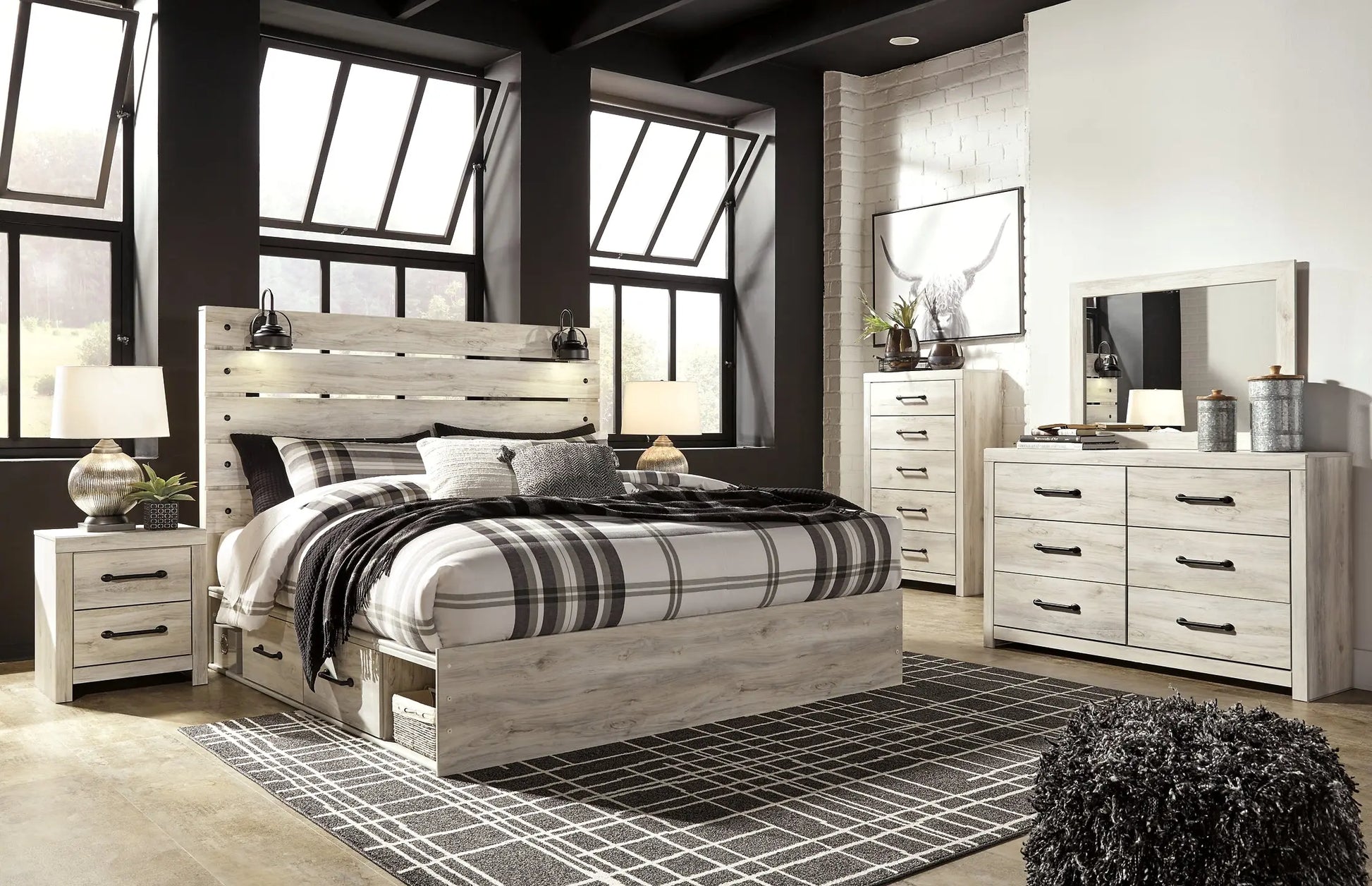 Cambeck King Panel Bed with 4 Storage Drawers with Mirrored Dresser, Chest and Nightstand at Lee Furniture, NC