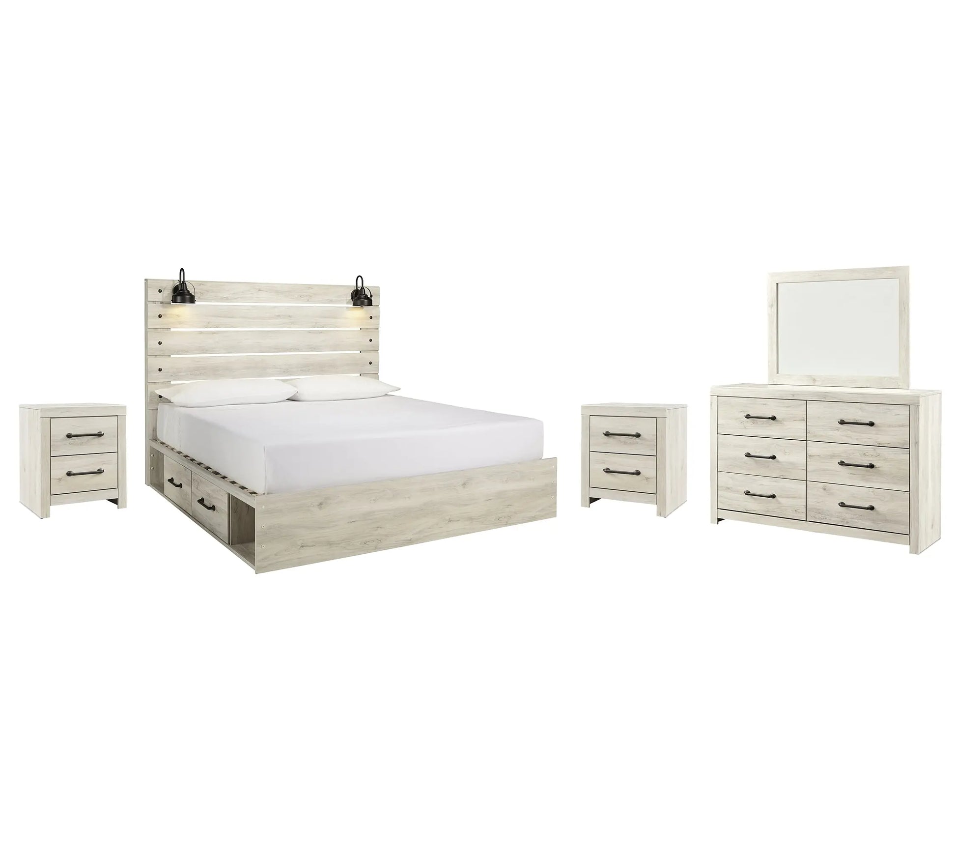 Cambeck King Panel Bed with 4 Storage Drawers with Mirrored Dresser and 2 Nightstands at Lee Furniture, NC