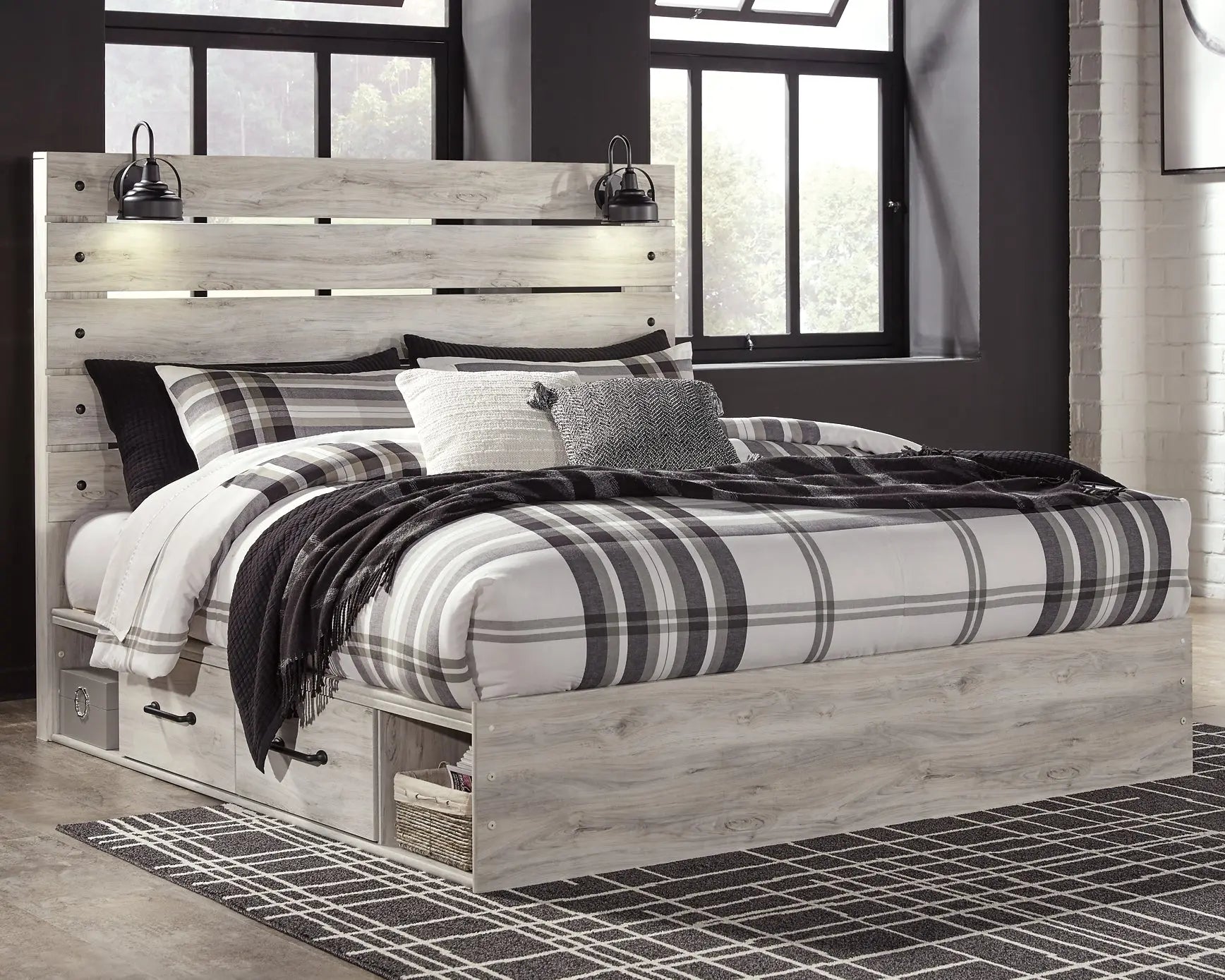 Cambeck King Panel Bed with 4 Storage Drawers with Mirrored Dresser and 2 Nightstands at Lee Furniture, NC