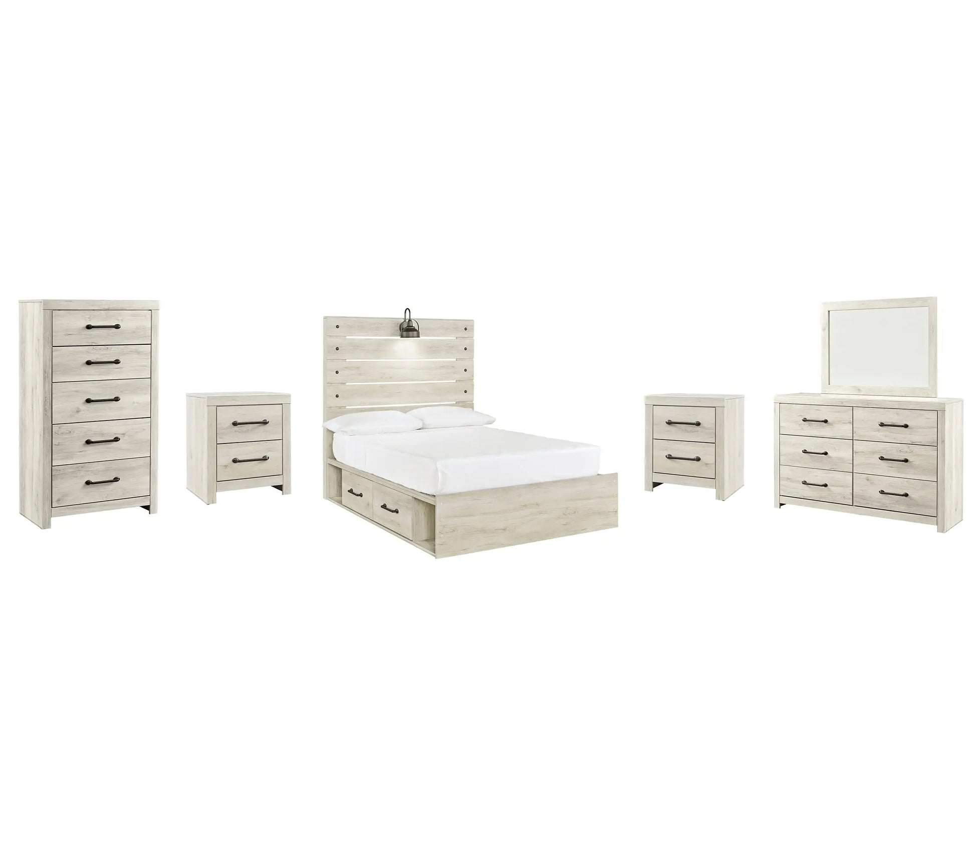 Cambeck Panel Bed With 2 Storage Drawers With Mirrored Dresser, Chest And 2 Nightstands at Lee Furniture, NC