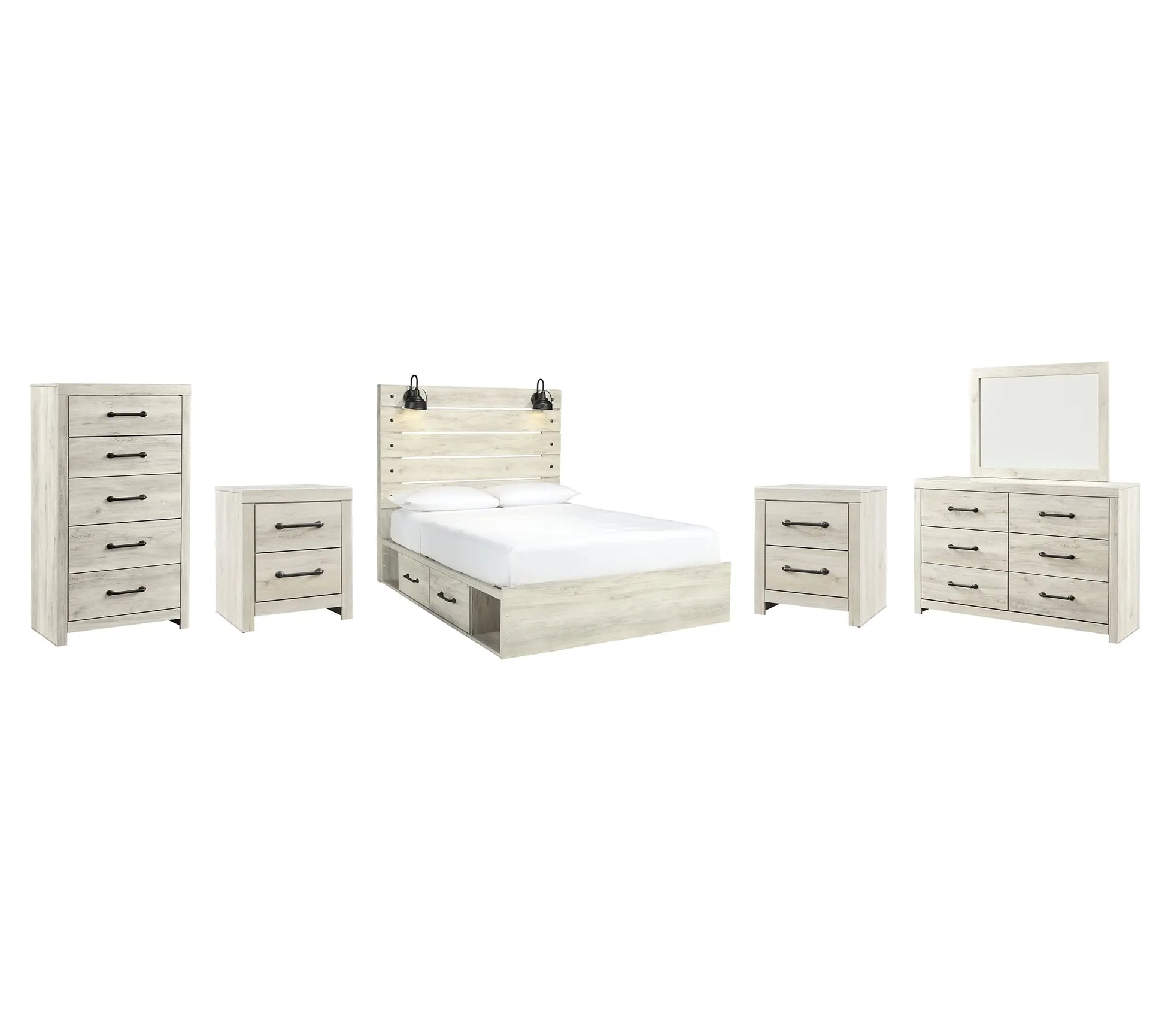 Cambeck Panel Bed With 2 Storage Drawers With Mirrored Dresser, Chest And 2 Nightstands at Lee Furniture, NC