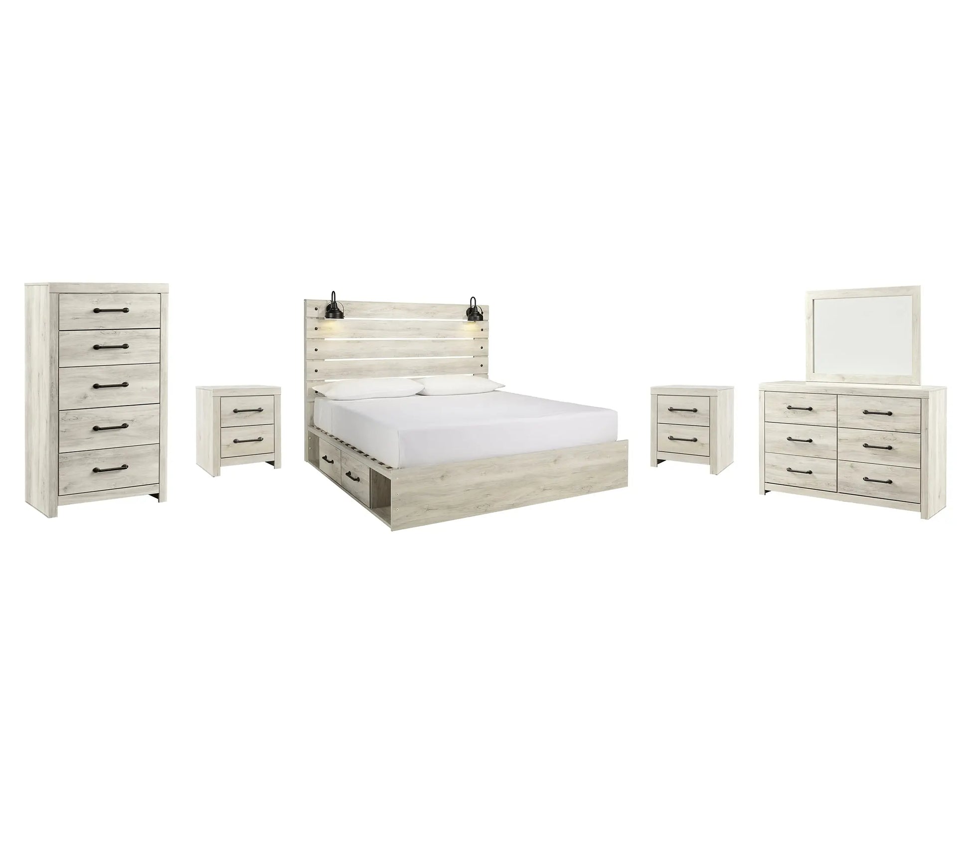 Cambeck Panel Bed With 2 Storage Drawers With Mirrored Dresser, Chest And 2 Nightstands at Lee Furniture, NC