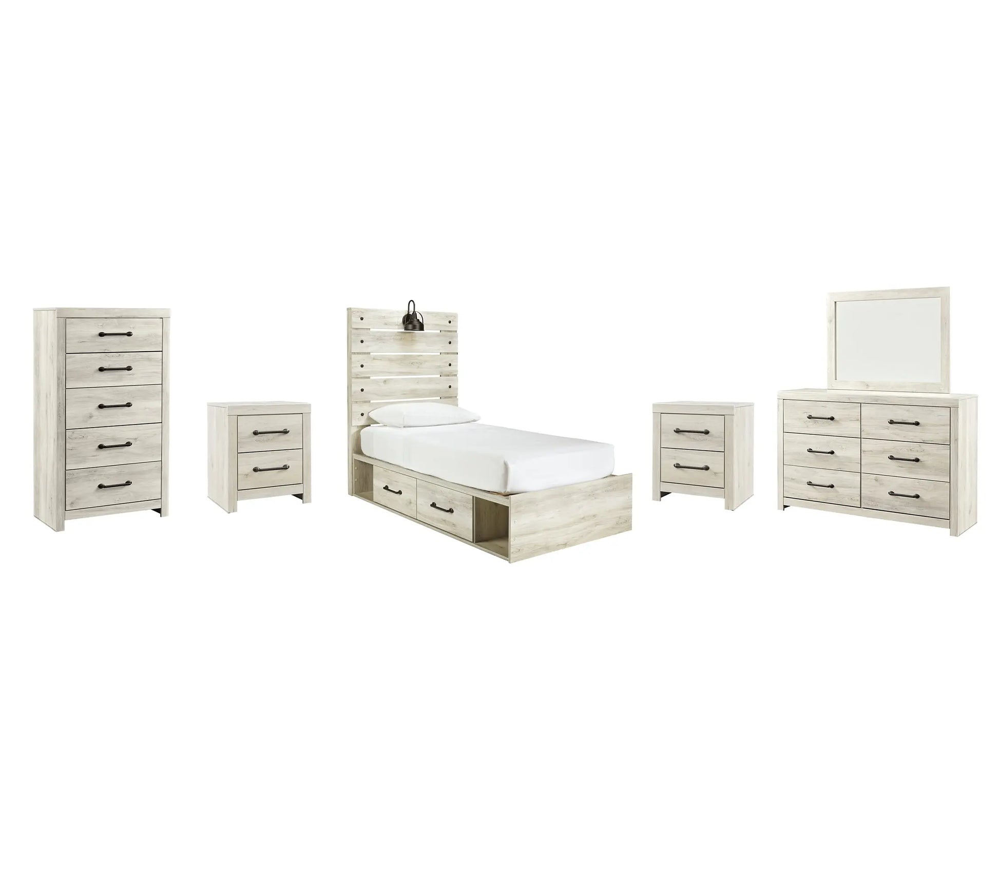 Cambeck Panel Bed With 2 Storage Drawers With Mirrored Dresser, Chest And 2 Nightstands at Lee Furniture, NC
