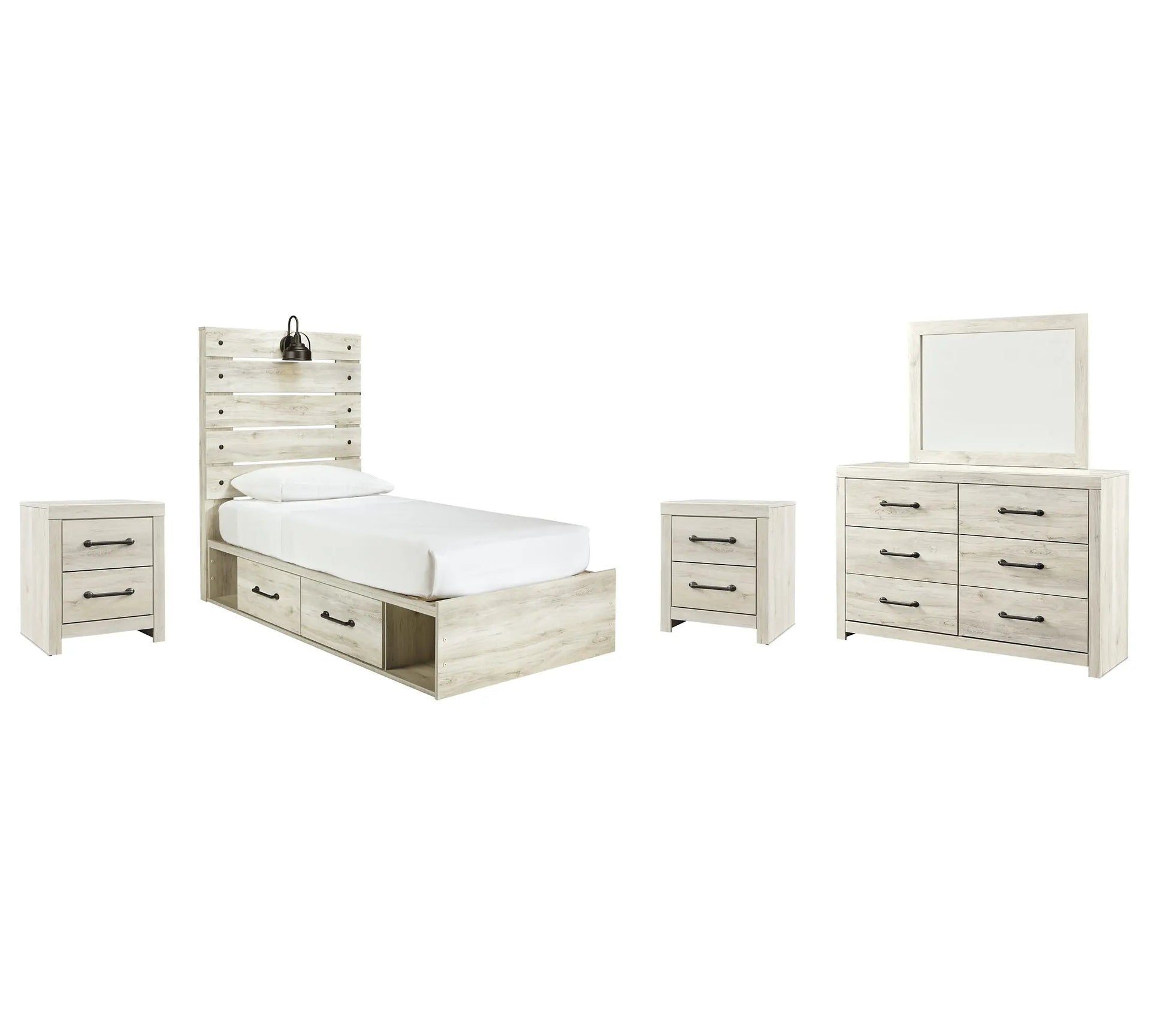 Cambeck Panel Bed With 4 Storage Drawers With Mirrored Dresser And 2 Nightstands at Lee Furniture, NC